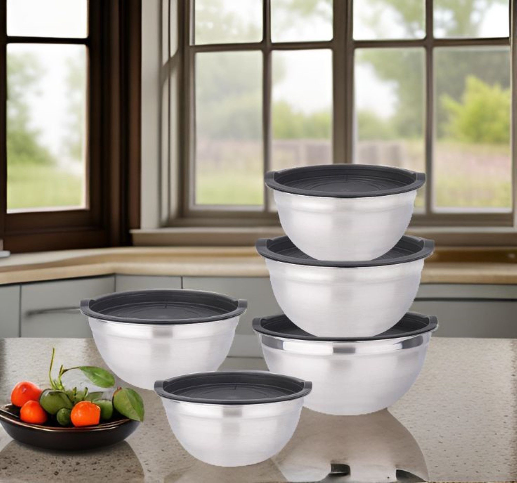 Cheffinger Rührschüssel 10-teiliges Edelstahl-Set – Stapelbar, Vielseitig & Mit Silikondeckeln, (10-tlg) – Bild 5 von 5