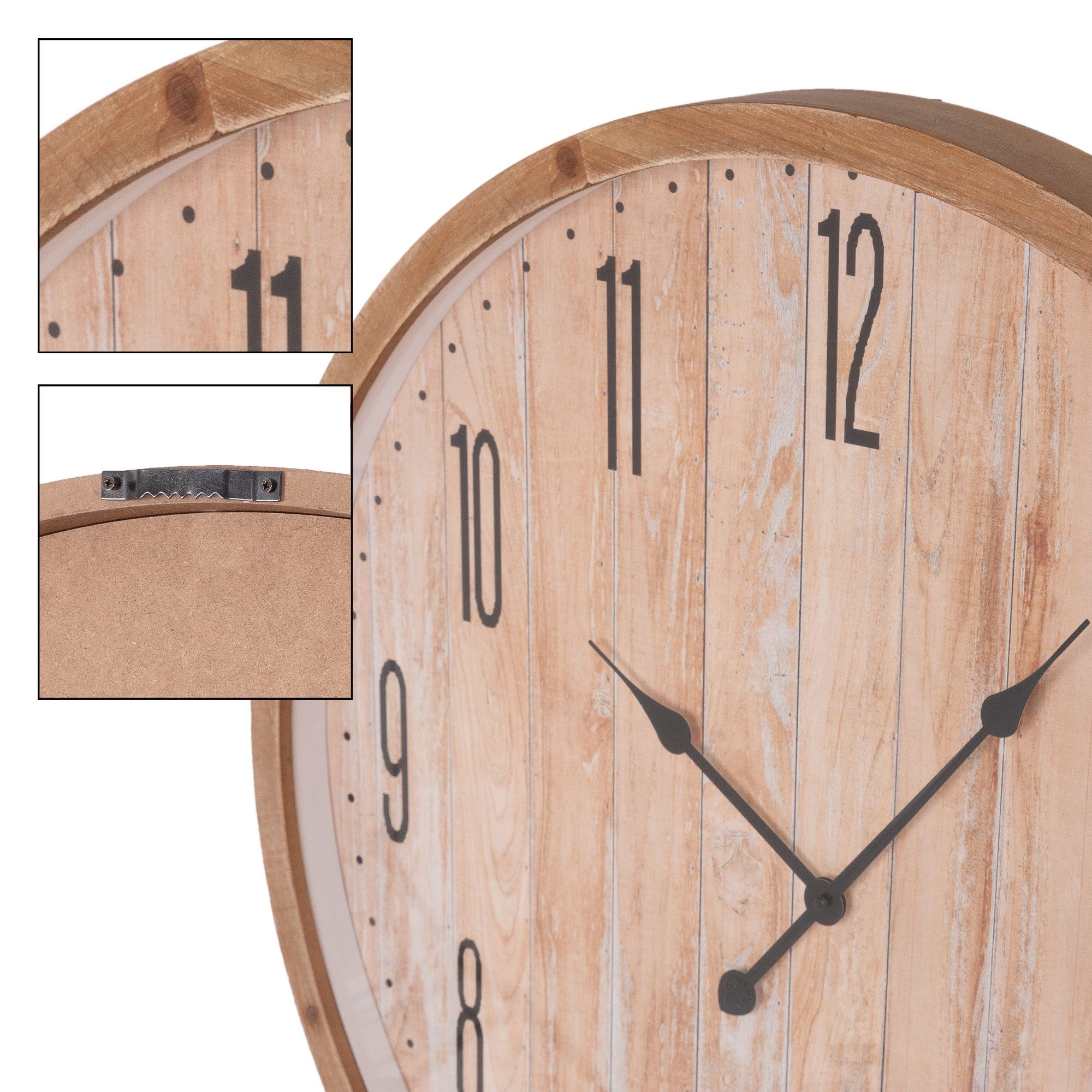 Arabische Vintage-Stil) Wohnzimmer Design Ziffern Uhr 76cm ECD Germany Fichtenoptik (Rund Wanduhr Uhr für Glas Ø Analoge Dekorative Wanduhr MDF-Holz