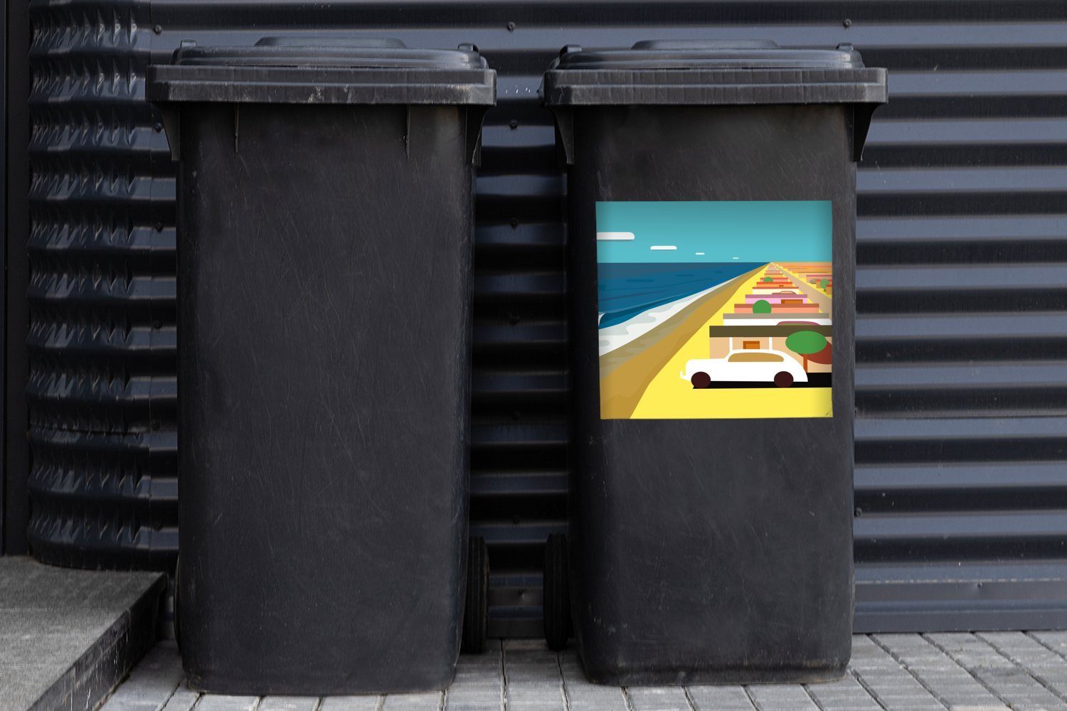 MuchoWow Wandsticker Illustration eines in von Autos amerikanischen Sticker, Abfalbehälter Nähe Mülltonne, (1 Mülleimer-aufkleber, Strandhäusern Container, St), der