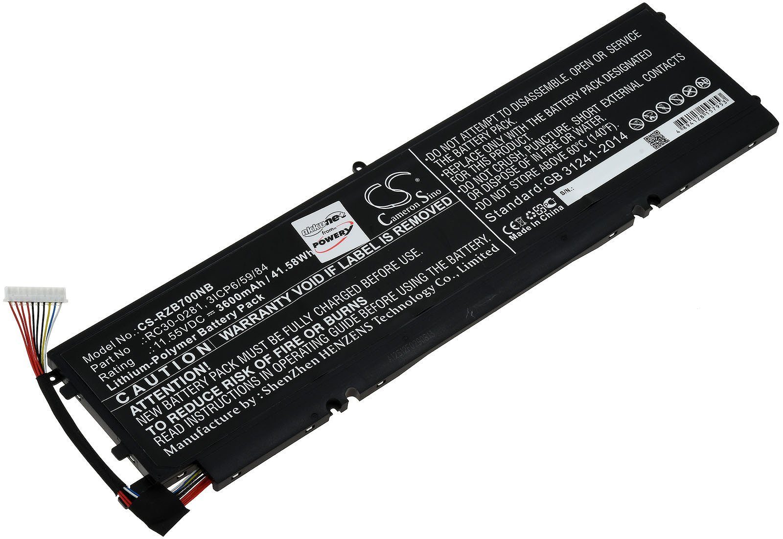 Powery Akku für Razer Typ RC30-0281 Laptop-Akku 3600 mAh (11.55 V)
