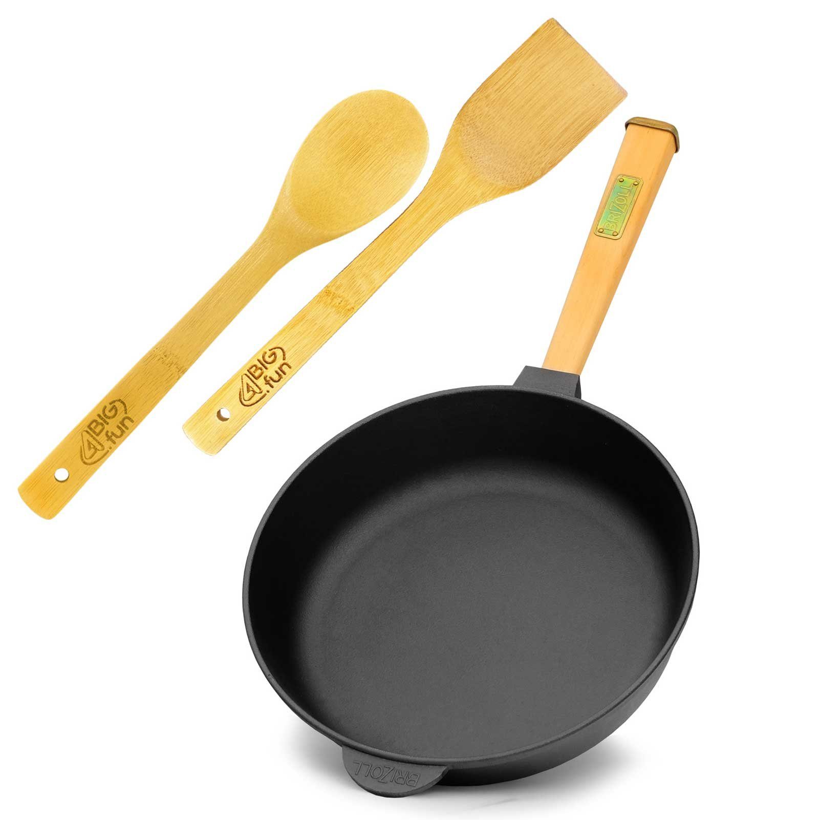 BRIZOLL Bratpfanne Gusseisenpfanne 28 cm Bratpfanne Induktion Pfanne, Gusseisen (Gusseisenpfanne mit Сковородыwender und Kochlöffel)