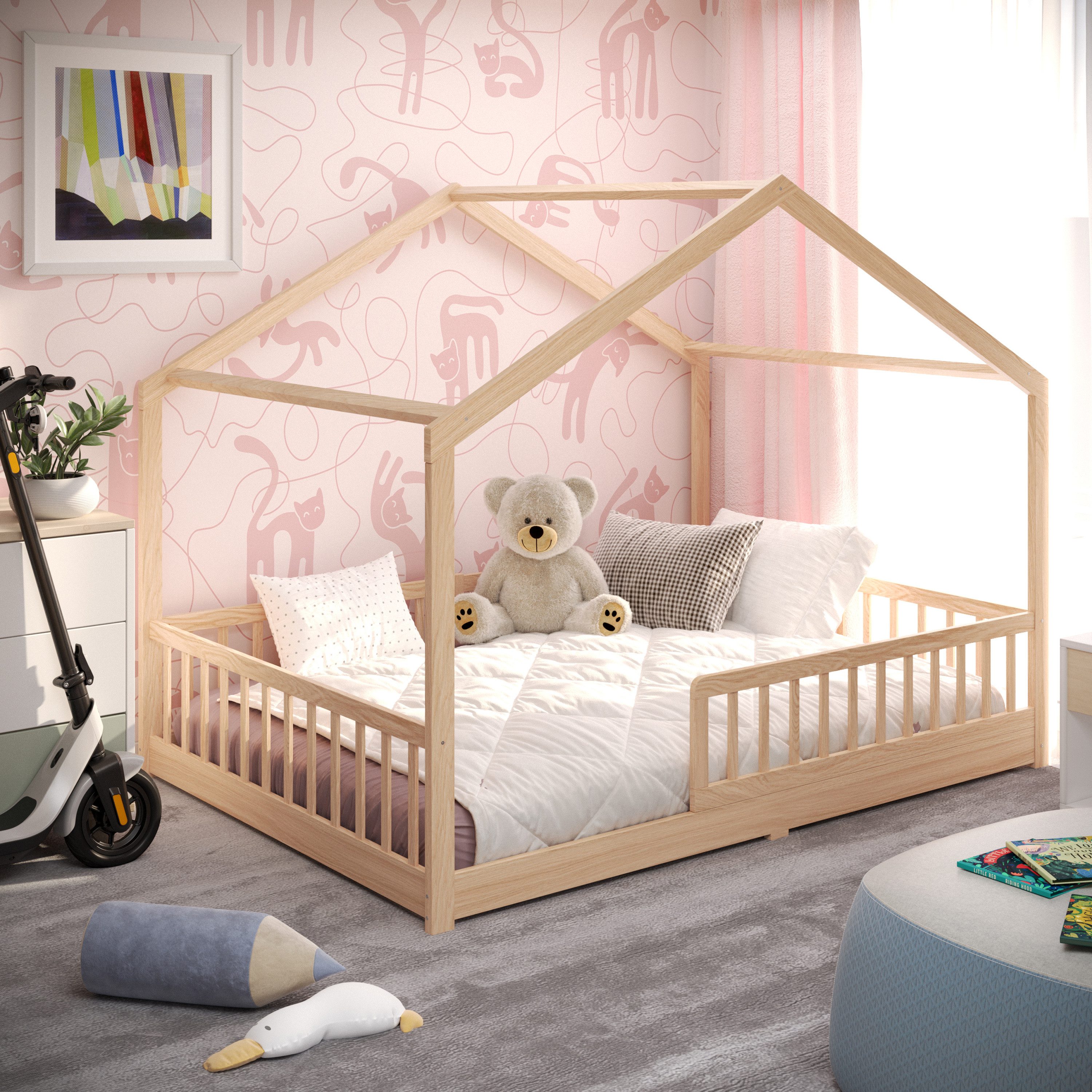 CADANI Kinderbett Malte Hausbett Bodenbett Rausfallschutz abnehmbar bis 200 kg belastbar (140x200 cm, Montessori Kinder- & Jugendbett aus Kiefer Massivholz), inkl. stabilem Roll-Lattenrost, langfristig nutzbar, Natur