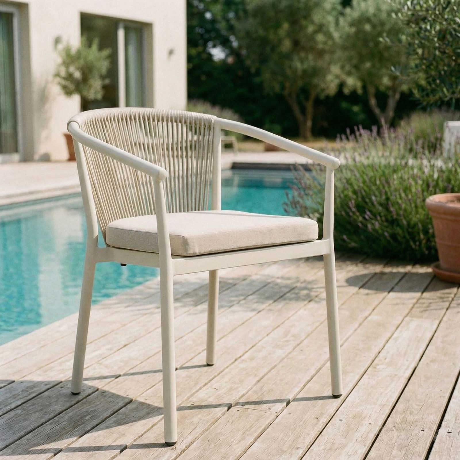 IDIMEX Gartenstuhl TAVOLO (6 St), Terrassenstuhl 6er Set mit Rope Rückenlehne und Sitzkissen Cremeweiß