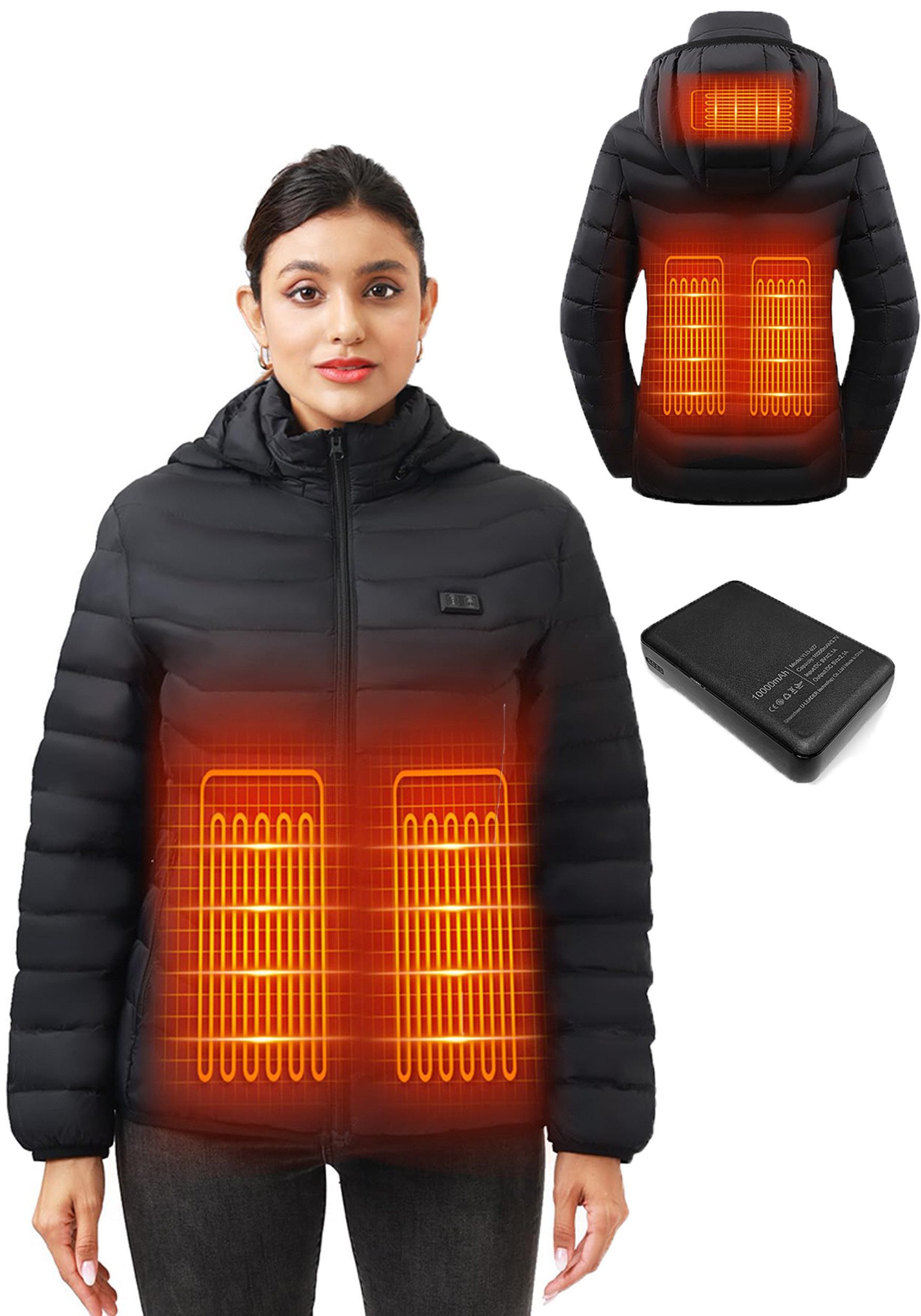 Mincoo Funktionsjacke Beheizbare Jacke Damen mit 10000mAh Powerbank, 3 temperaturstufen Warme winterjacke Heizjacke mit kapuze Elektrischer warme steppjacke