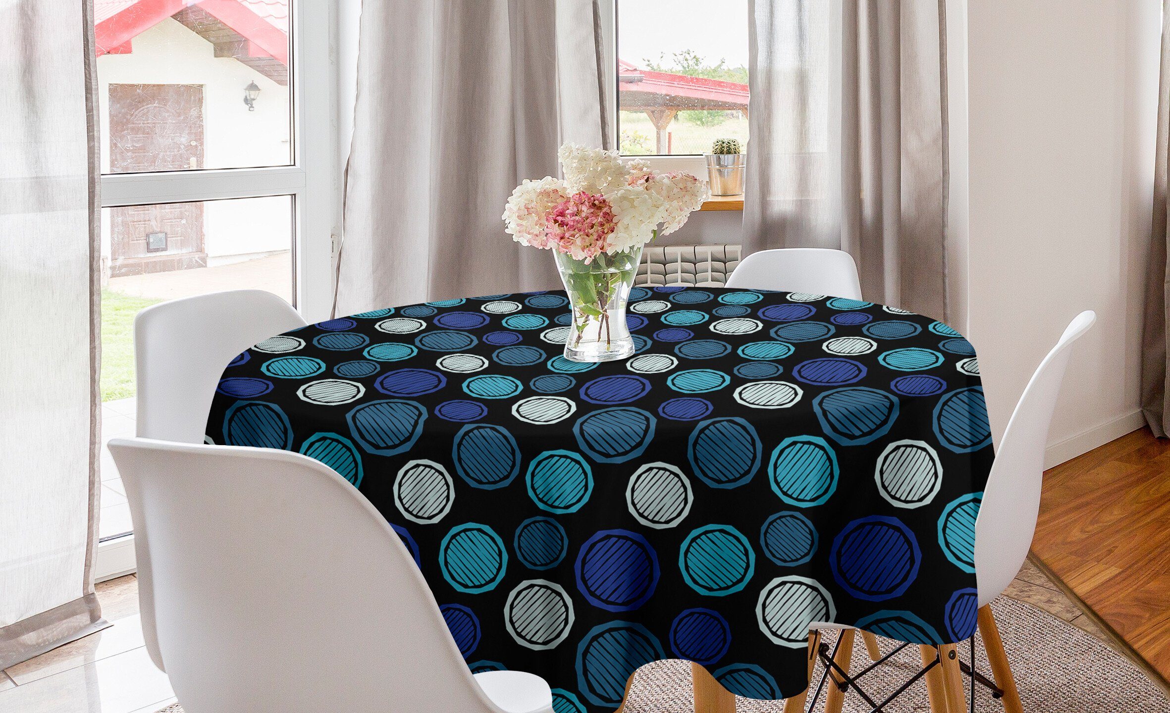 Abakuhaus Tischdecke Kreis Tischdecke Abdeckung für Esszimmer Küche Dekoration, Abstrakt Schraffierte Runden blauen Tönen