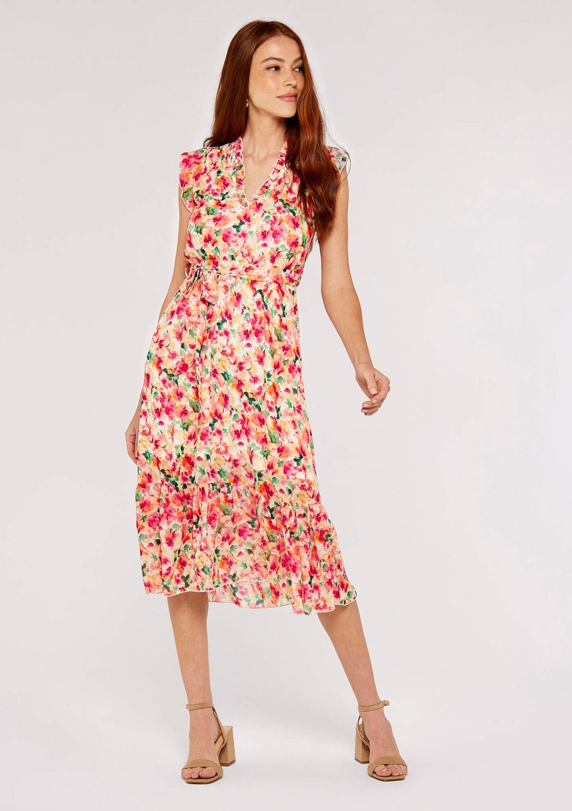 Apricot Druckkleid Brushstroke Bloom V-Neck Midi Dress (2-tlg., mit  Bindegürtel) mit Aquarell-Blumendruck