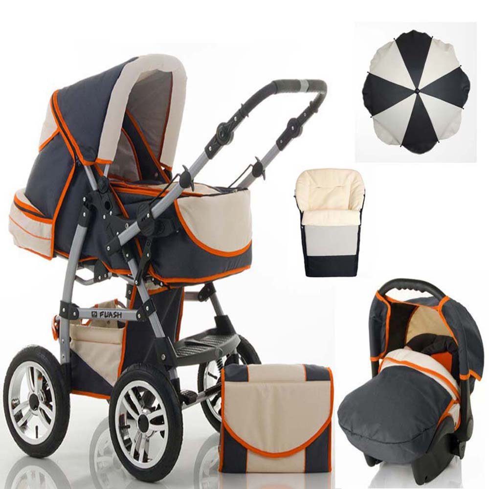 babies-on-wheels Kombi-Kinderwagen 5 in 1 Kinderwagen-Set Flash inkl. Autositz - 17 Teile - in 18 Farben Antharzit-Creme-Orange