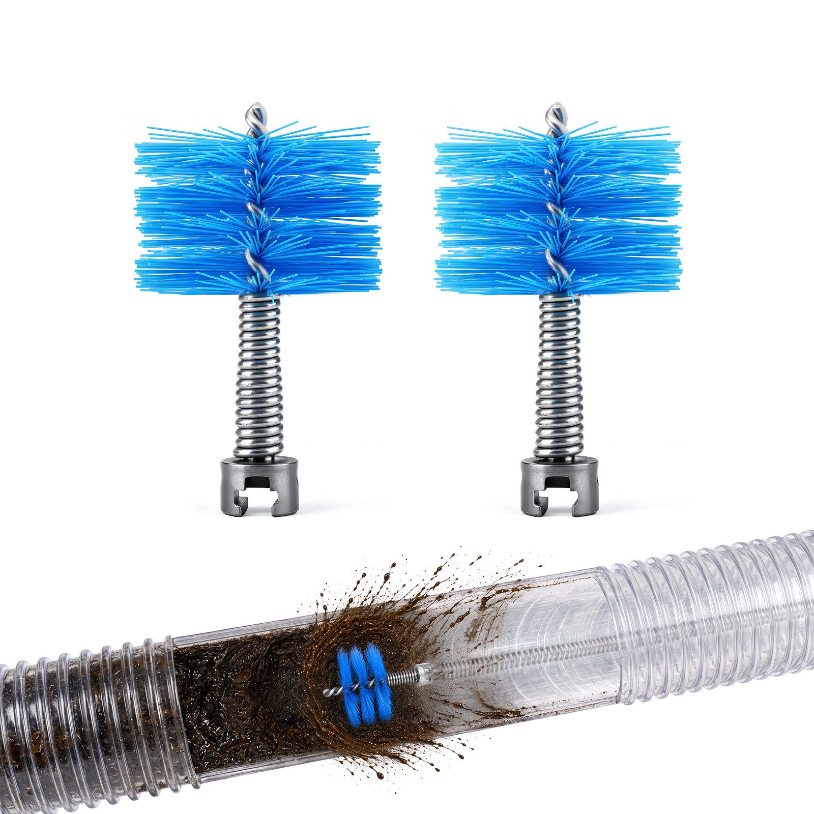 XERSEK Rohrreinigungsspirale 2 tlg. Rohrreinigungsbürste mit 12–16mm Anschluss Weichbürsten-Aufsatz, (Flexible Bürste für Rohre Ø30–70 mm), für 12-/16-mm-Rohrreinigungsspiralen
