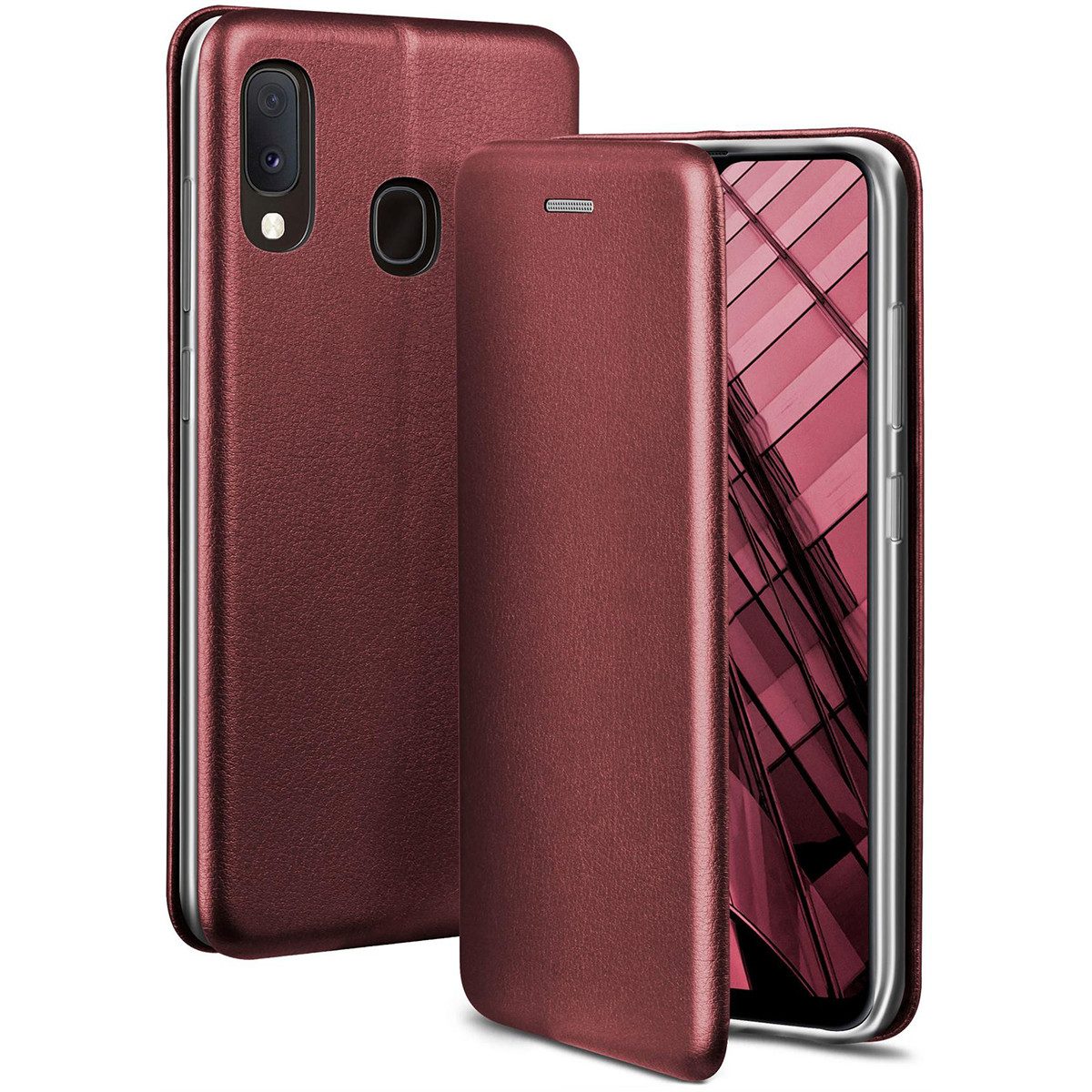ONEFLOW Handyhülle für Samsung Galaxy A20e Premium Hülle Business Cover Rot 5,8 Zoll, 360 Grad Schutzhülle Flip Case Etui Klapphülle Dünn Leder Handy Tasche