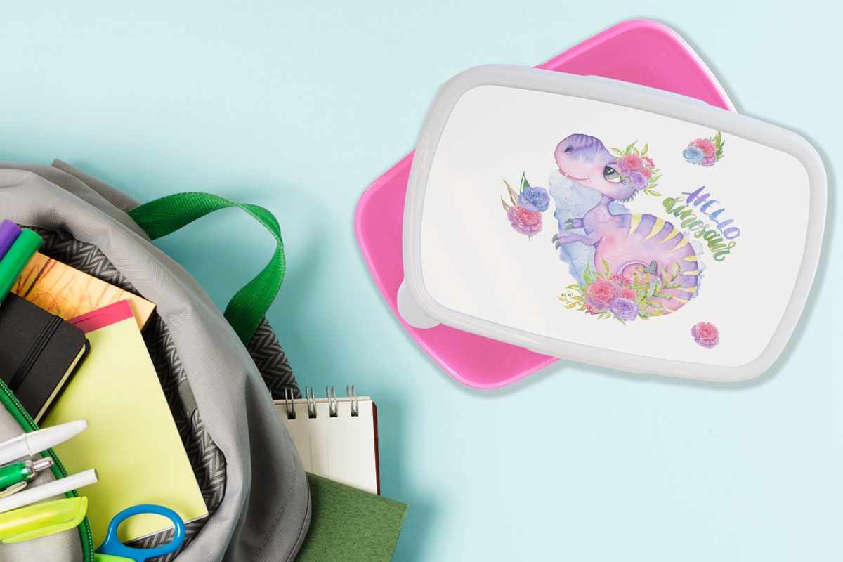 MuchoWow Lunchbox Dinosaurier - Kinderzimmer Aquarell Kunststoff, Erwachsene, Kunststoff - Brotbox Mädchen Kinder, für - Rosa, (2-tlg), Brotdose Snackbox, Mädchen, - Kinder 