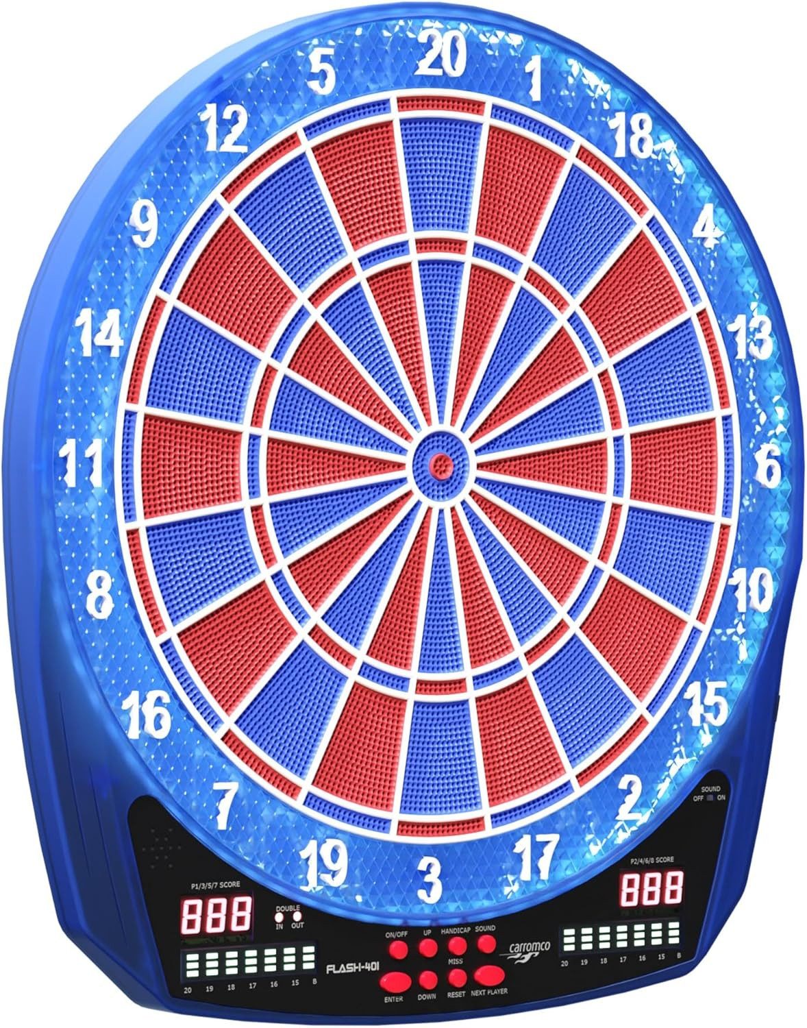 Carromco Zielscheibe elektronische Dartscheibe FLASH-401 – Profi E-Dartboard, mit 2-Loch Abstand & LED Beleuchtung, 35 Spiele, 584 Varianten