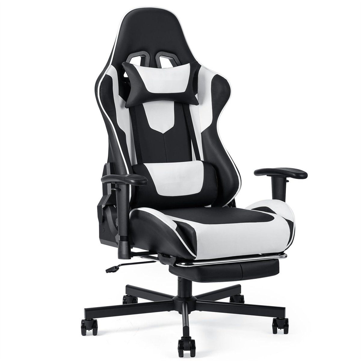 Fangqi Gaming-Stuhl Gaming-Stuhl mit Fußstütze, ergonomischer Bürostuhl (Armlehnen, Sitzhöhe verstellbar, Neigungswinkel der Rückenlehne verstellbar, 360° drehbar, Nackenkissen, Lendenkissen)