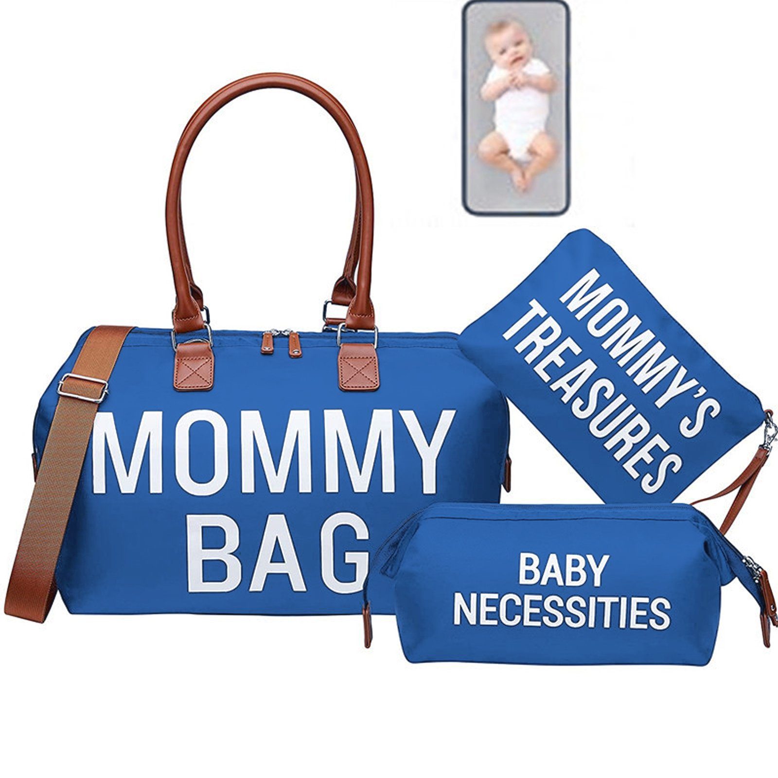 OKWISH Wickeltasche Krankenhaus Mama Tasche Krankenhaustaschen Mommy Bag Wickelunterlage (mit Leder Griff, Mit 2 Tasche, Baby-Wickeltasche), Multifunktional Reisetasche für Mama Papa und Jungen Mädchen Dunkelblau