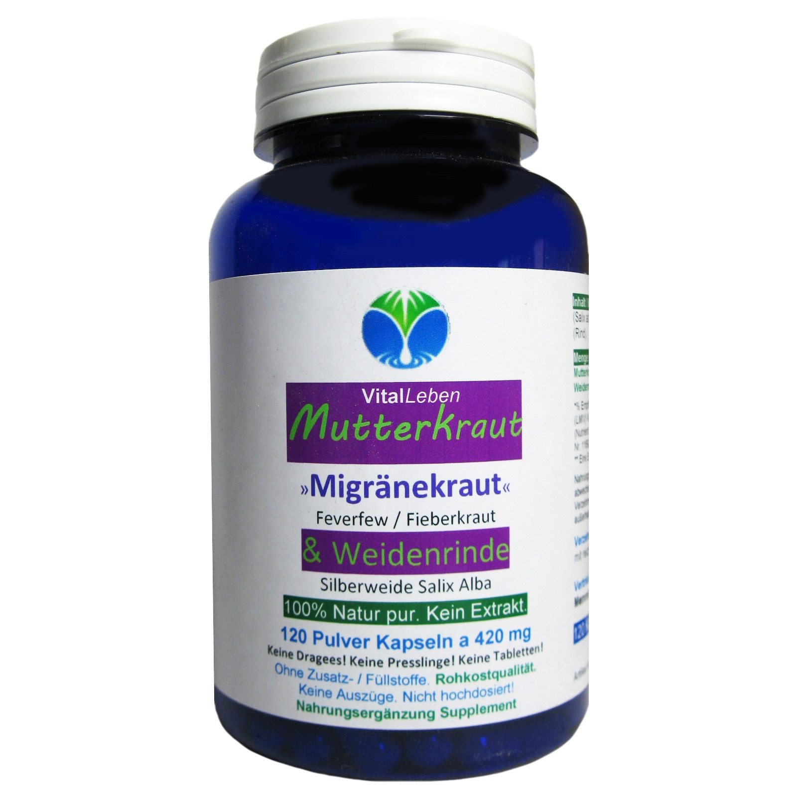 VitalLeben MUTTERKRAUT + WEIDENRINDE nach Hildegard von Bingen Natur pur Kapseln, 1 er Dose à 120 St., 50,4 g, Art. 26685-120