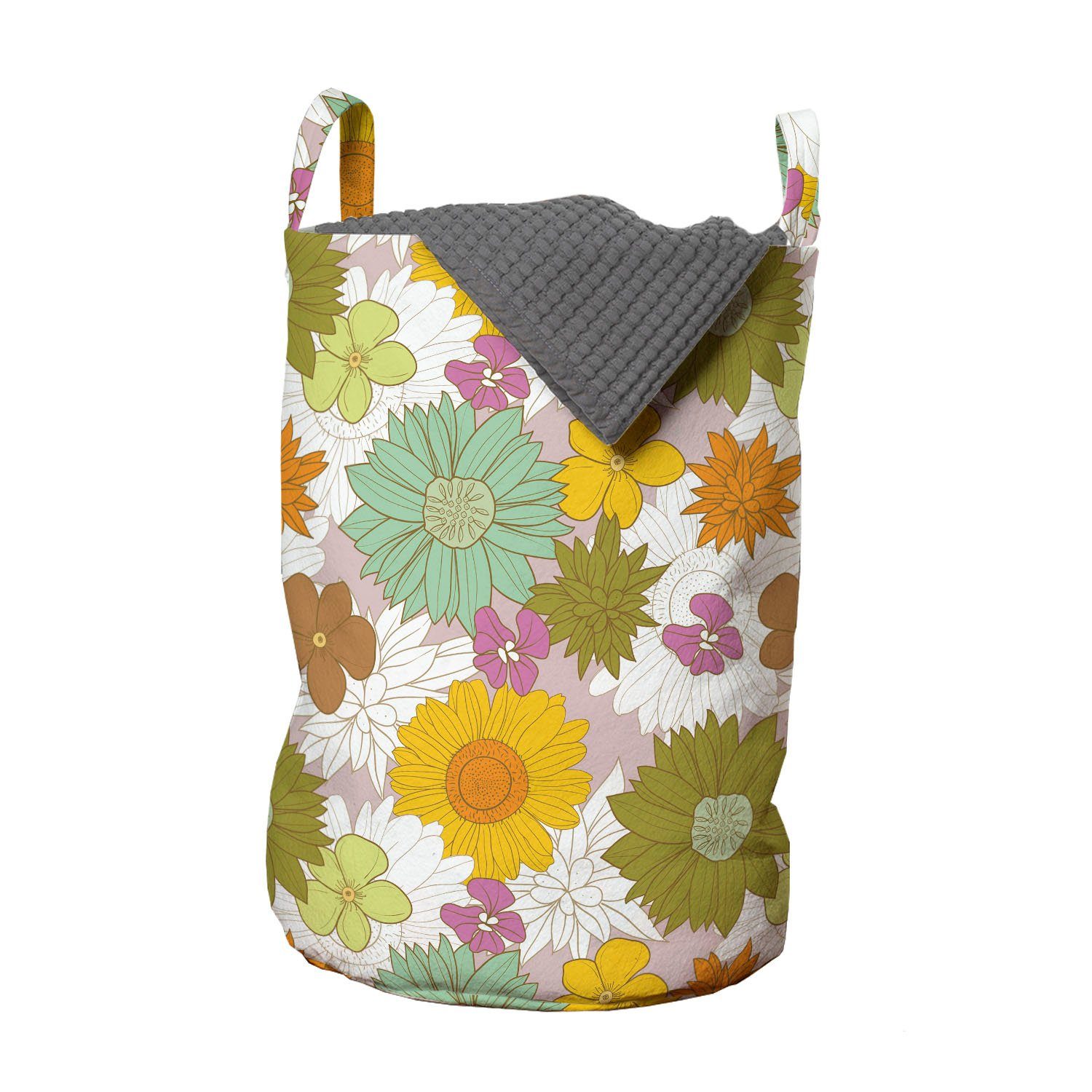 Abakuhaus Wäschesäckchen Wäschekorb mit Griffen Kordelzugverschluss für Waschsalons, Blume Retro Frische Nature Theme