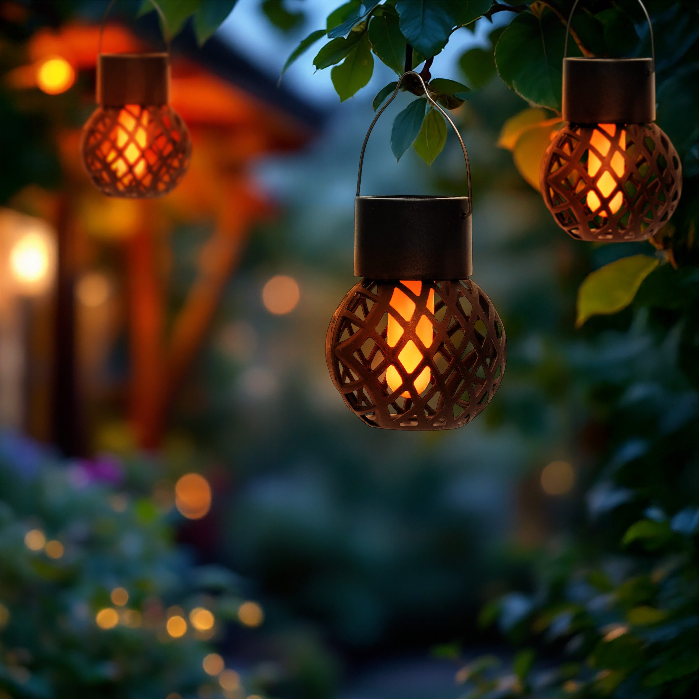 Spetebo LED Laterne Solar Mini Hängeleuchten 9 x 7 cm mit Flammeneffekt 6er Set, mit Metall-Bügel zum Aufhängen, LED fest integriert, orange (feuerfarben), Dämm – Bild 4 von 5