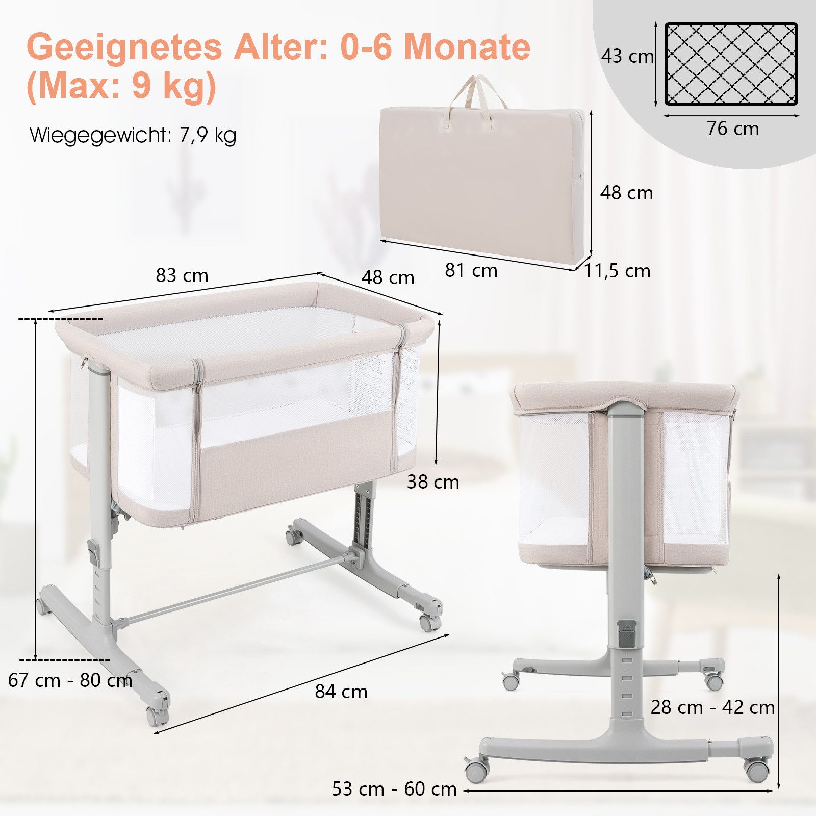 COSTWAY Beistellbett, 3 in 1 Babybett, Babywiege, 5-stufig höhenverstellbar