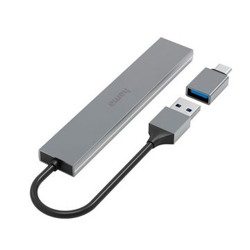 Hama USB Hub mit Adapter, 4 Ports mit USB C und USB A Stecker, Slim, grau USB-Adapter USB Typ A, USB Typ C zu USB Typ A, 15 cm