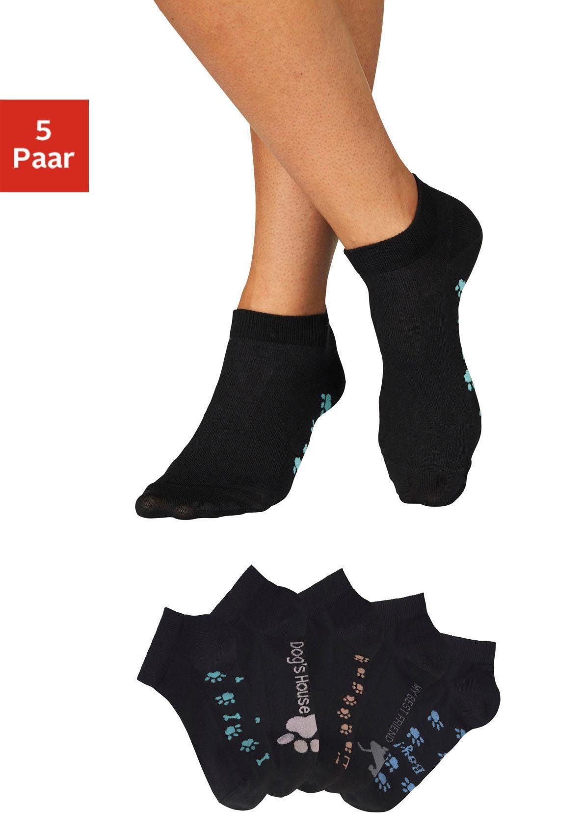 Arizona Sneakersocken Damensocken Motivsocken (Packung, 5-Paar, Gr. 35-38 bis 39-42) mit süßem Pfotendesign unter der Sohle