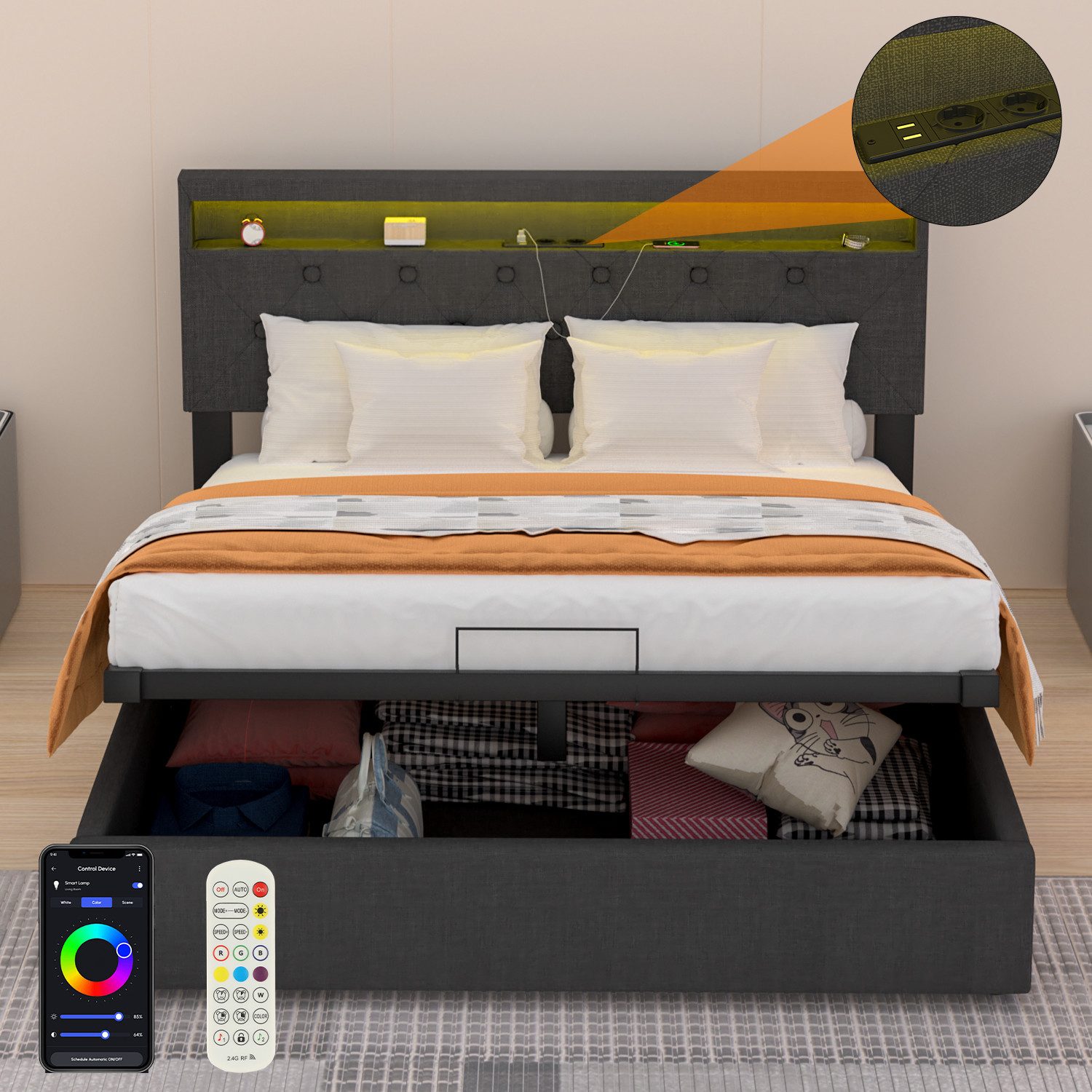 oyajia Stauraumbett LED hydraulisches Doppelbett (Leinenmaterial günstig online kaufen