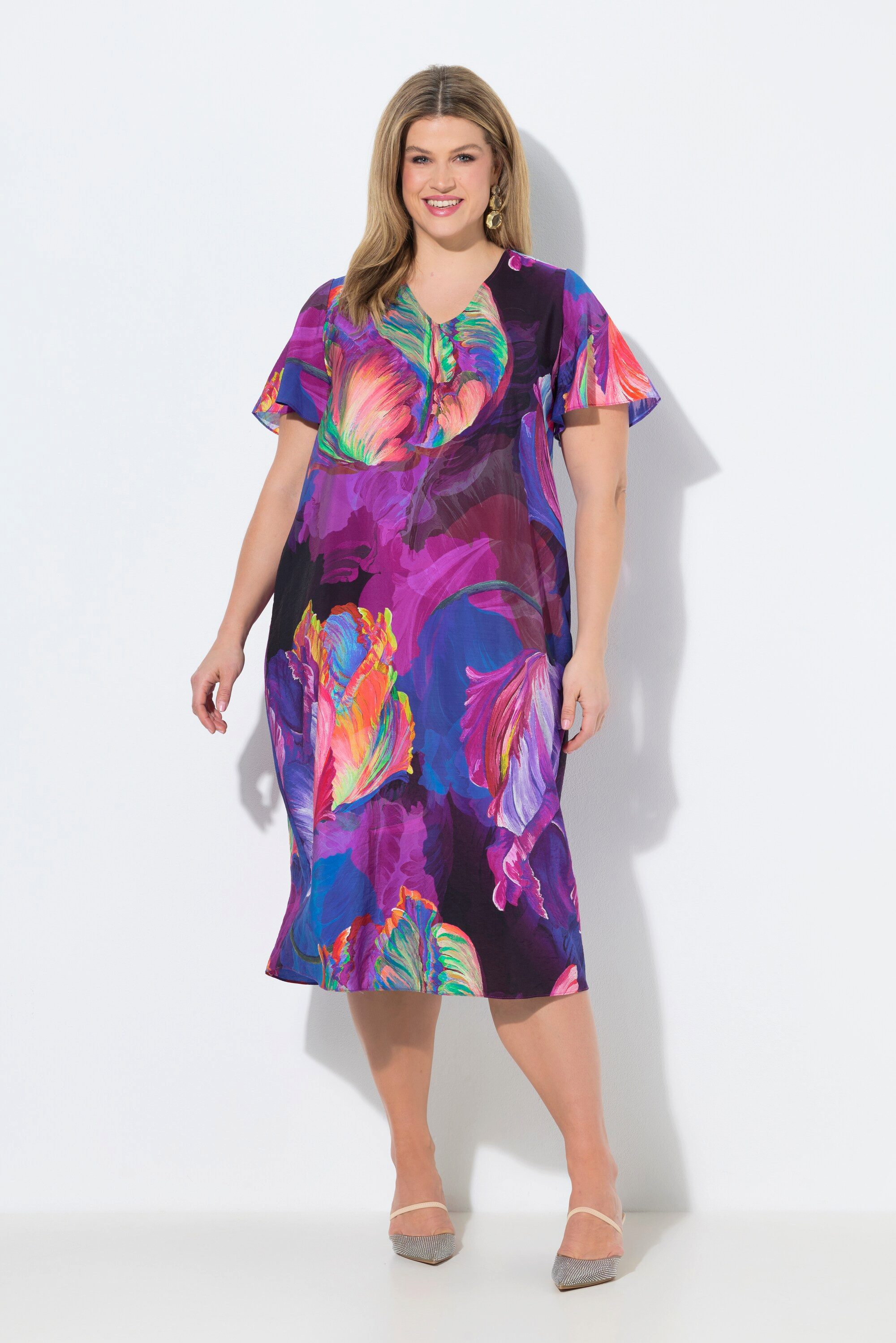 Ulla Popken Maxikleid Satin-Midikleid Blüten A-Linie V-Ausschnitt