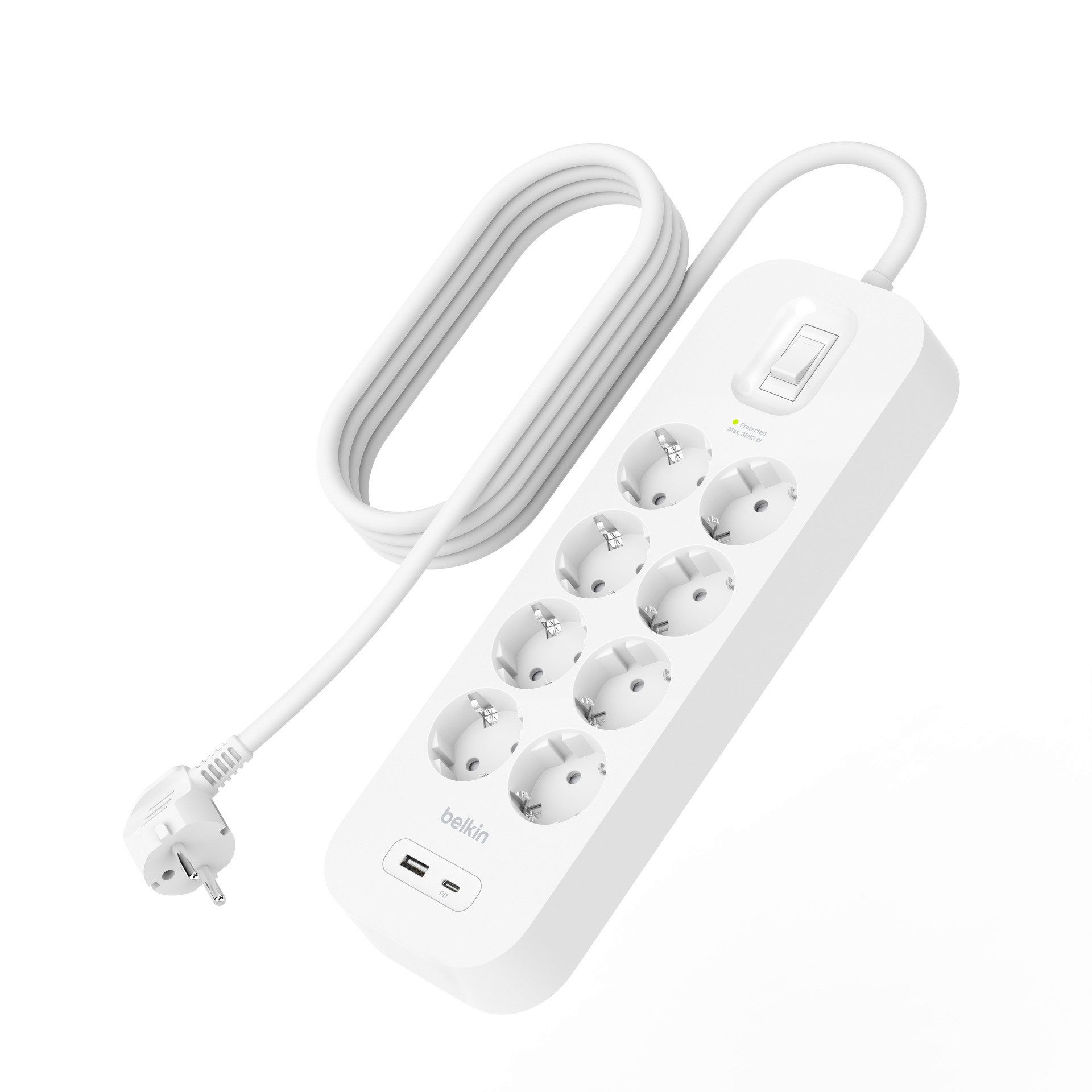 Belkin 8-Fach Розеткиleiste mit USB-A + USB-C Port, 900J, 18 W, 2 Meter Розеткиleiste 10-fach (Ein- / Ausschalter, Überspannungsschutz, Kabellänge 2 m)