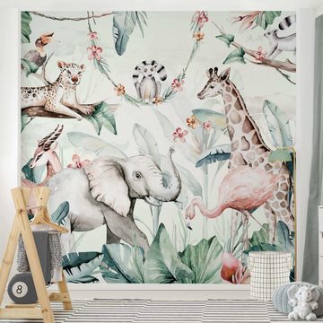 Bilderdepot24 Kindertapete Kinderzimmer Aquarell Afrika Tiere Wanddeko Giraffe Elefant Flamingo, Glatt, Matt, (Inklusive Gratis-Kleister oder selbstklebend), Mädchenzimmer Jungenzimmer Babyzimmer Bildtapete Fototapete Wandtapete