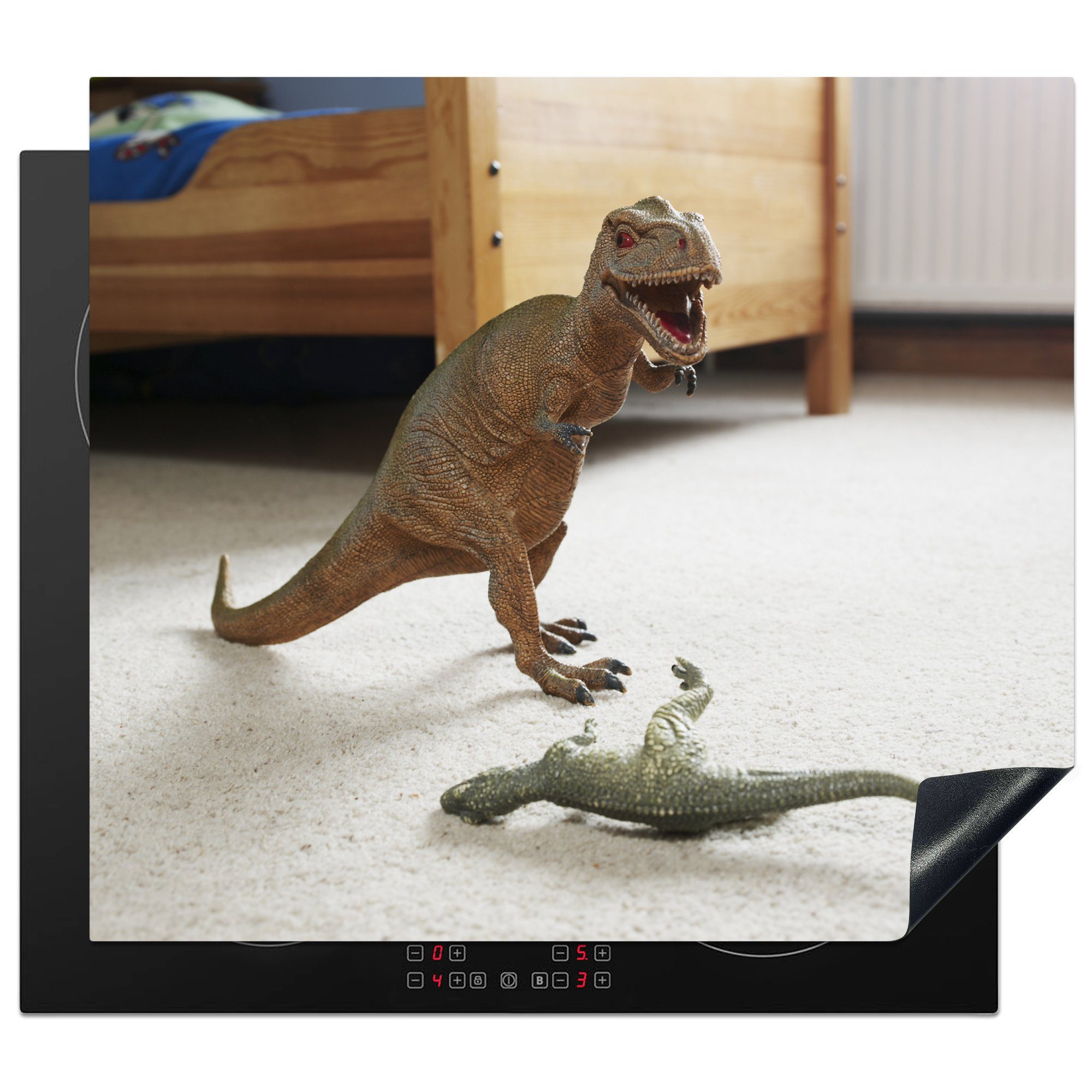MuchoWow Herdblende-/Abdeckplatte Dinosaurier - Spielzeug - Bett, Vinyl, (1 tlg), 59x52 cm, Ceranfeldabdeckung für die küche, Induktionsmatte