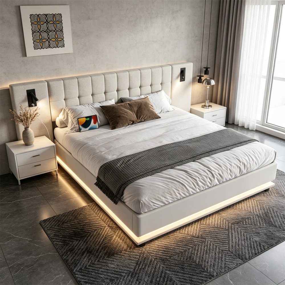 REDOM Polsterbett mit LED-Leiste & USB, Kopfteil mit Spotlicht (Leinen-Doppelbett, 180x200 cm), ohne Matratze