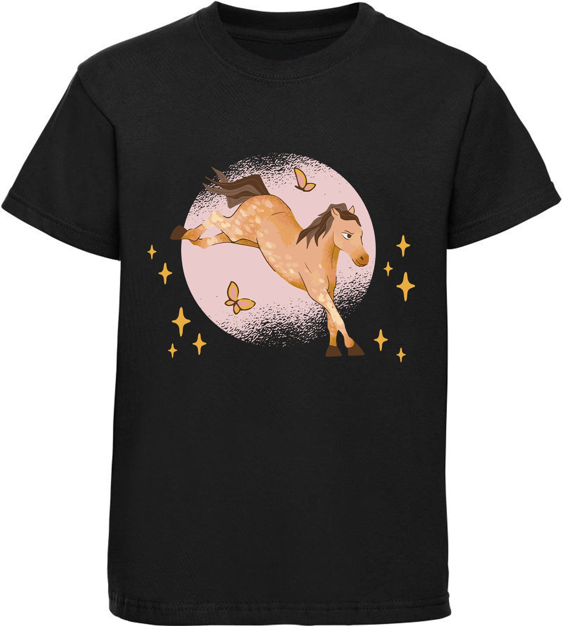 Supergünstiger Rundfunk MyDesign24 Print-Shirt bedrucktes Aufdruck, Mädchen schwarz Baumwollshirt austretendes T-Shirt und i157 Pferd mit Schmetterlinge
