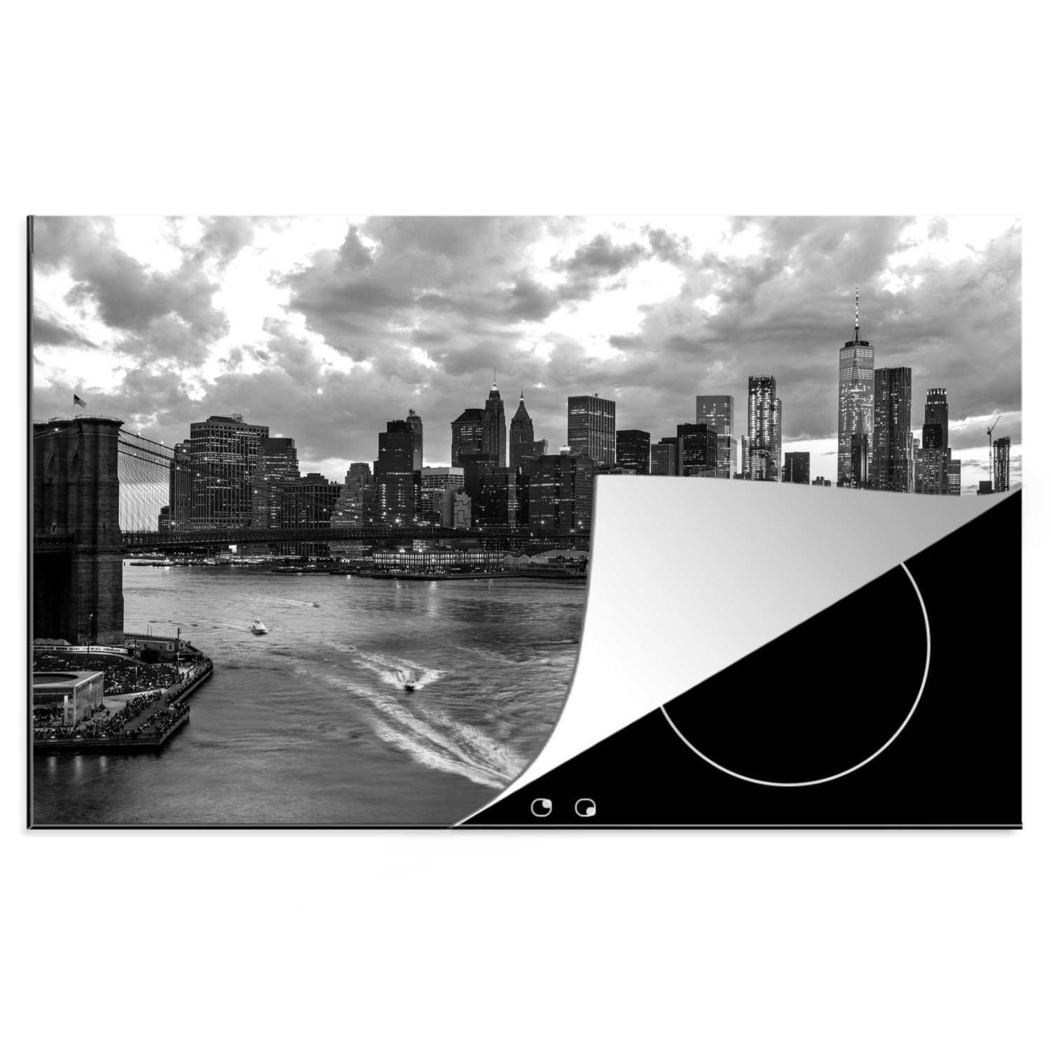 MuchoWow Herdblende-/Abdeckplatte New York - Brooklyn - Brücke - Schwarz - Weiß, Vinyl, (1 tlg), 81x52 cm, Induktionskochfeld Schutz für die küche, Ceranfeldabdeckung