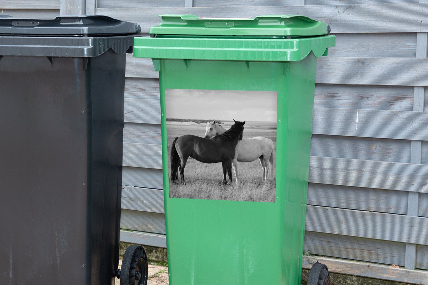 - Wandsticker Landleben Pferde - - - Schwarz-Weiß Abfalbehälter St), Sticker, Mülleimer-aufkleber, Porträt Tiere (1 MuchoWow Mülltonne, Container,