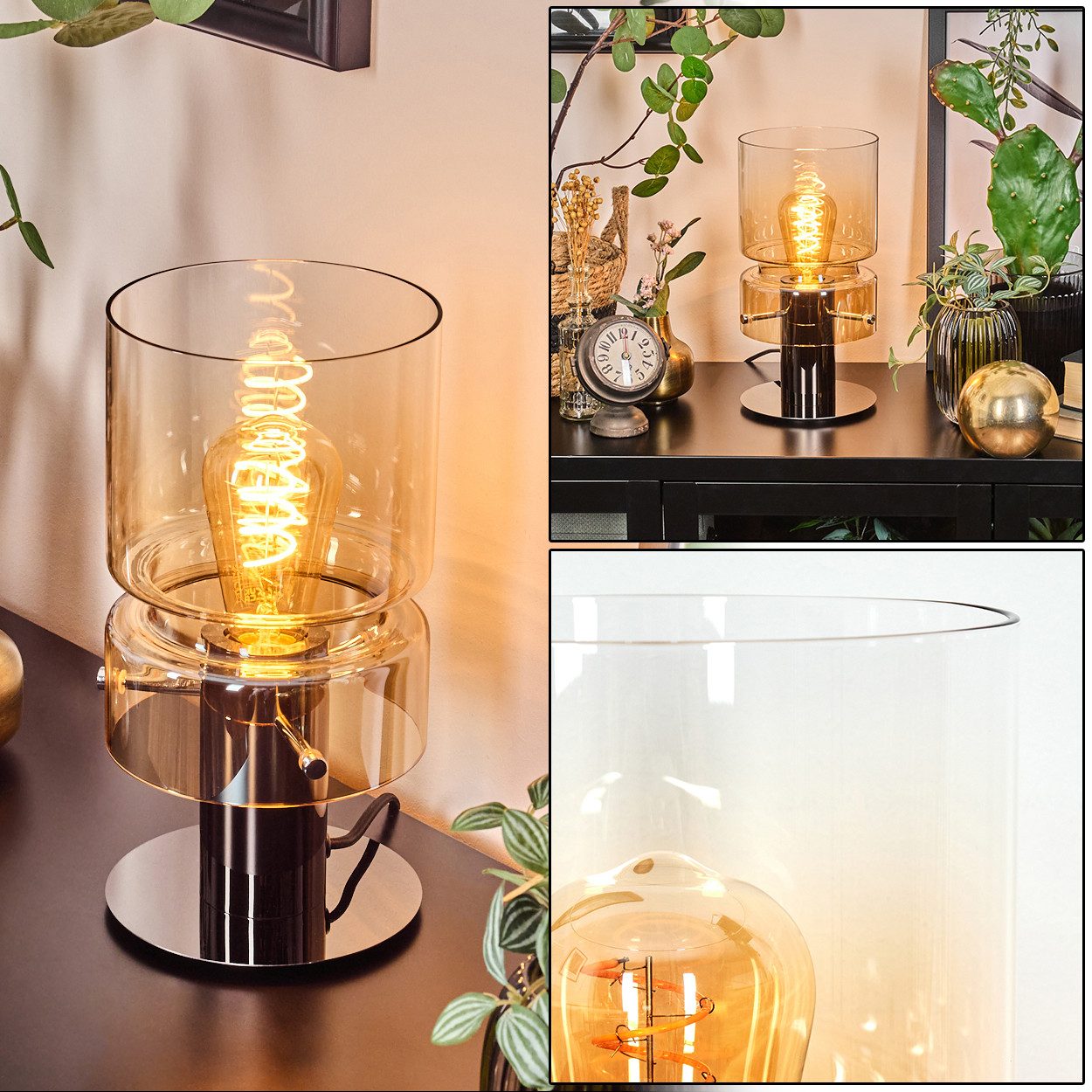 hofstein Tischleuchte Tischlampe aus Metall/Glas in Schwarz/Chrom-/Bernsteinfarben/Klar, ohne Leuchtmittel, Leuchte im Retro/Vintage-Design mit Glasschirm (15 cm), 1 x E14