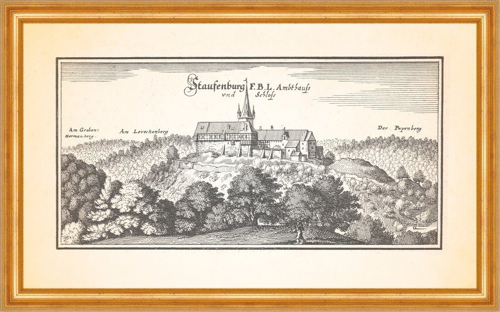 Kunstdruck Staufenburg F.B.L.Amtshaus und Schloss Burgplateau Burgfried Merian 04
