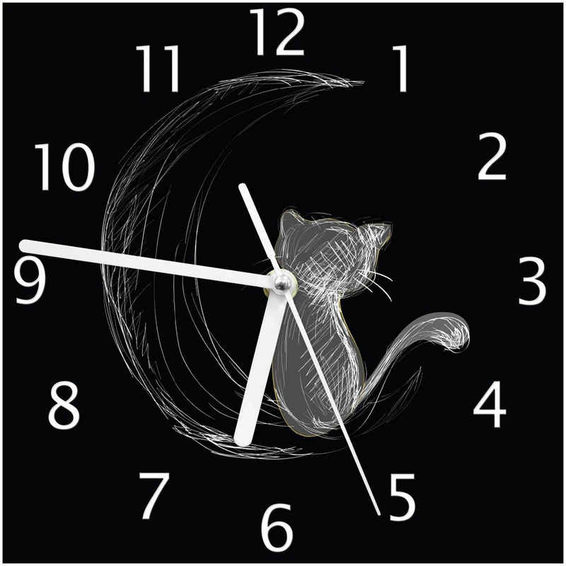 Wallario Wanduhr Katze sitzt auf dem Mond - illustriert in weiß auf schwarz (Glasuhr)