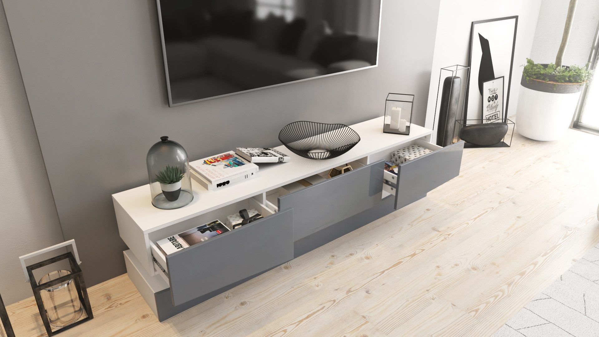 Vladon Lowboard City (TV-Kommode mit Sockelelement, 1 offenem Fach und 3 Schubkästen), Weiß matt/Weiß Hochglanz, inkl. LED-Beleuchtung (178xvariabelx39 cm) – Bild 5 von 5