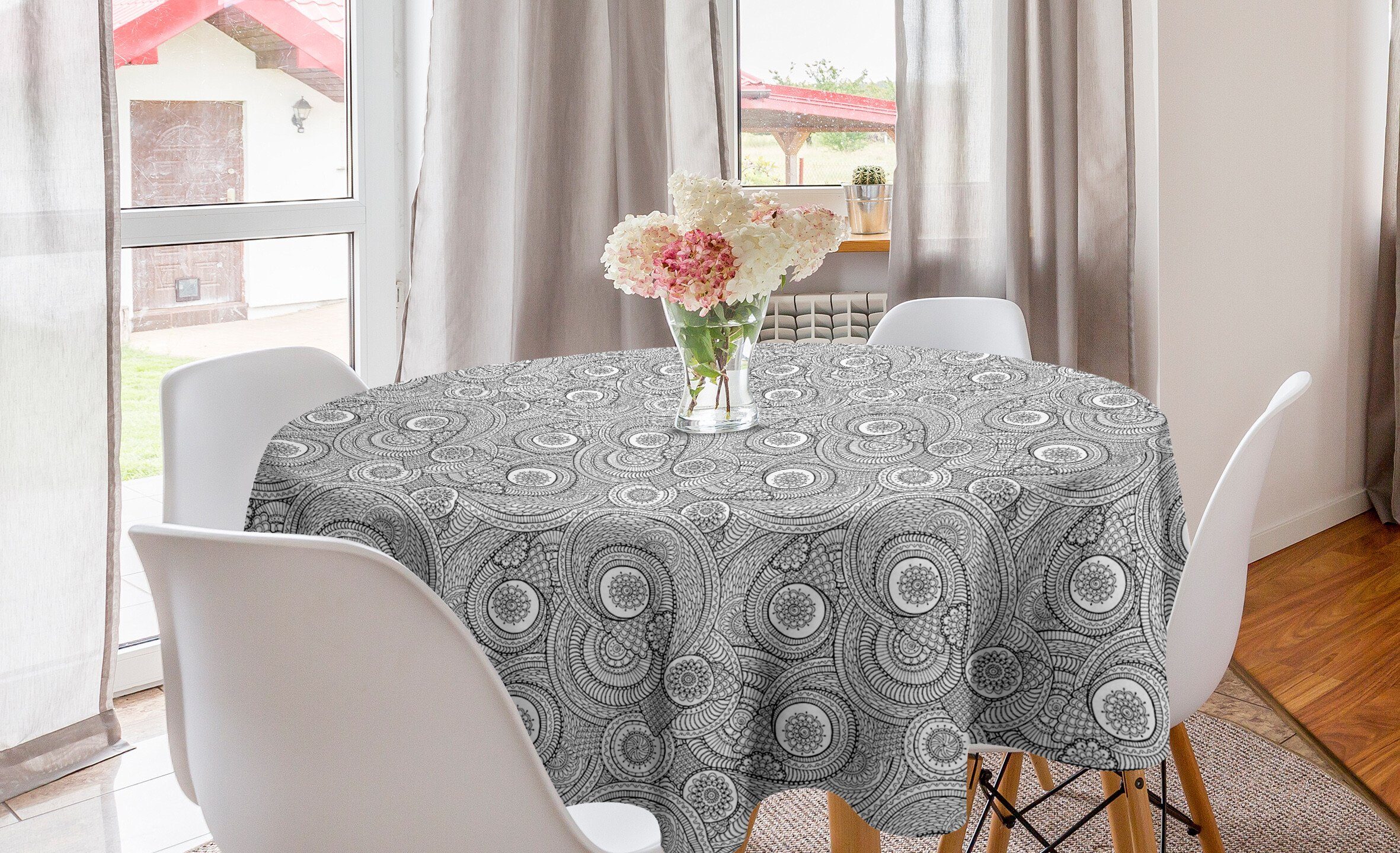 Abakuhaus Tischdecke Kreis Tischdecke Abdeckung für Esszimmer Küche Dekoration, Schwarz und weiß Asiatische Blumen
