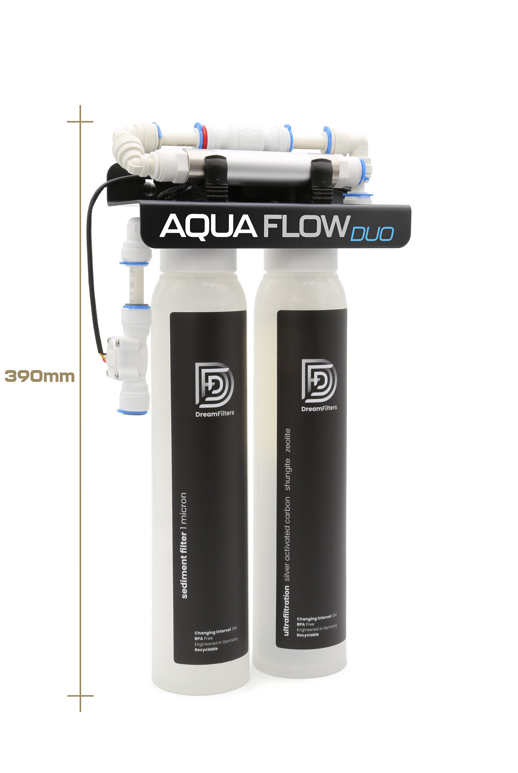 DreamFilters Wasserfilter Aqua Flow Duo LED UV-C, UV-Filteranlage mit Wasserdesinfektion, Zubehör für Wohnmobil, Wasseraufbereitungsanlage enthält UF, Aktivkohlefilter mit Silberionen