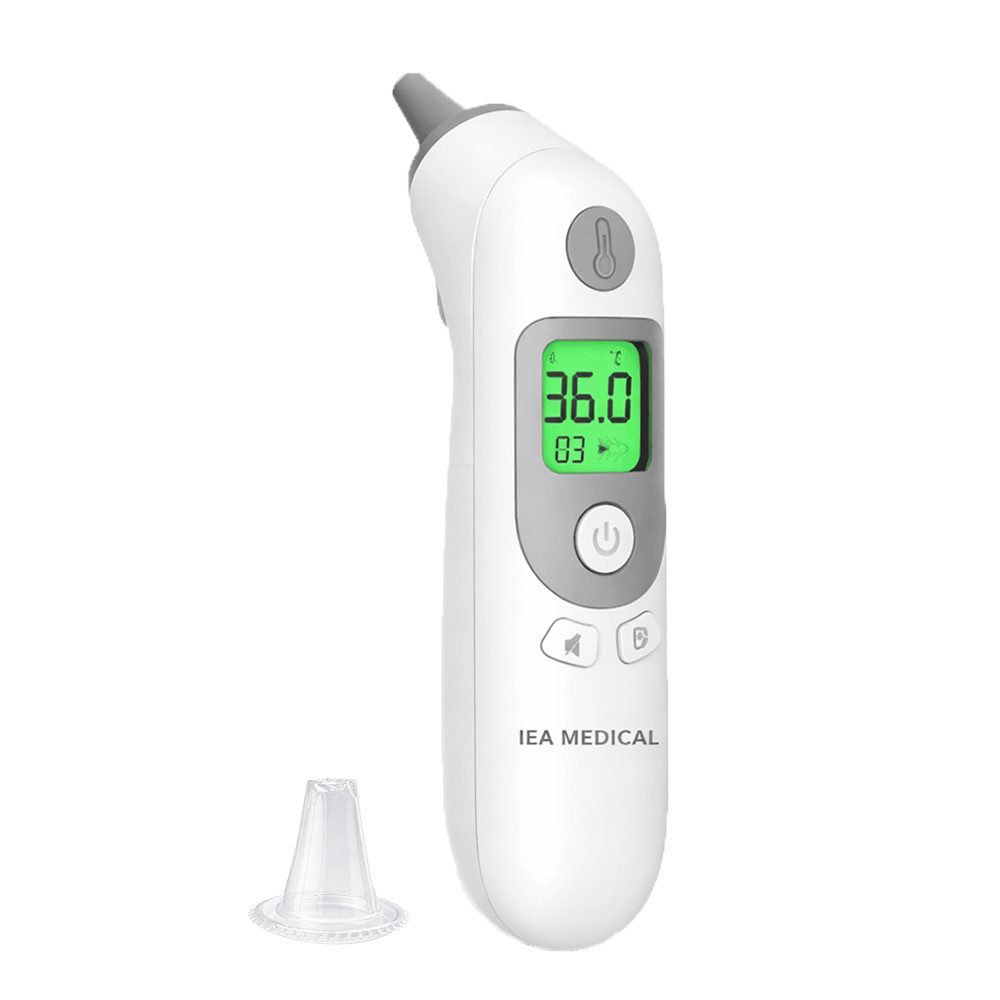 IEA Medical Ohr-Fieberthermometer Infrarot-Ohrmessung für Kinder & Erwachsene, hygienisch mit Schutzkappen, schnelle Messung, Speicherfunktion