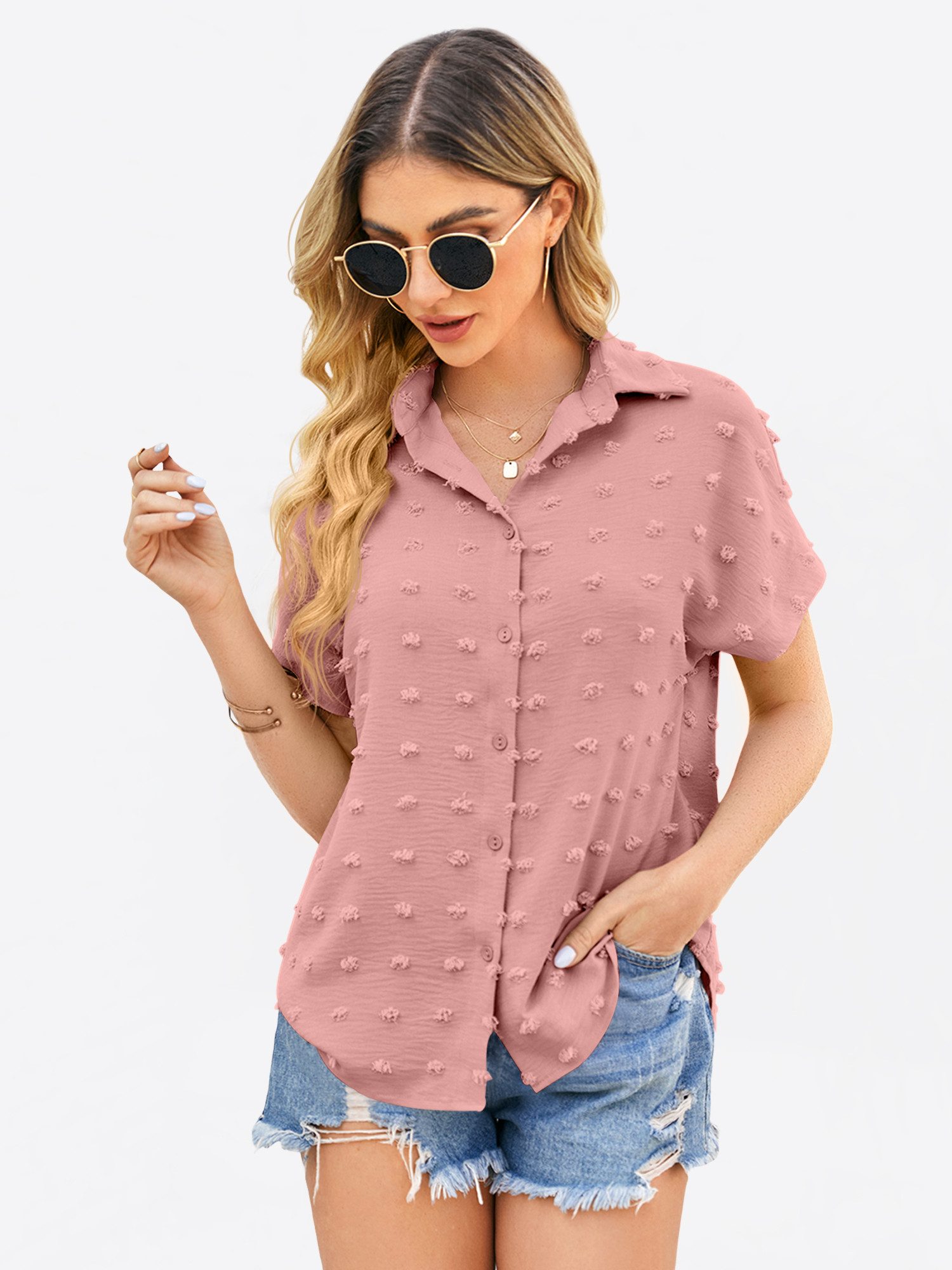 Imily Bela Blusenshirt Damen Kurzarm Casual Oberteil (Packung, 1-tlg., 1per-Pack) mit Textur-Punkten und Hemdkragen