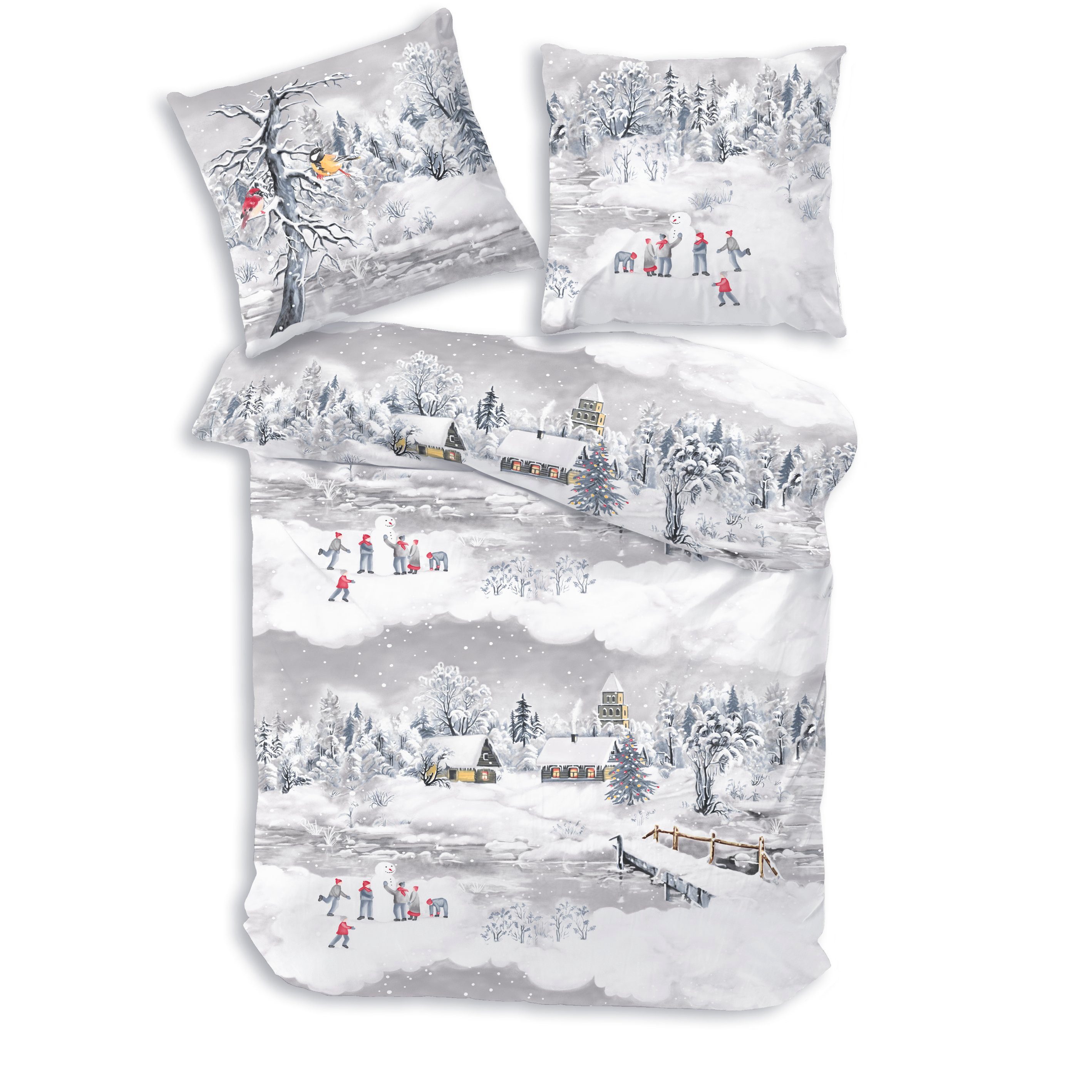 Träumschön Bettwäsche Biber 135x200 cm oder 155x220 cm, Weihnachten Schneelandschaft, Biber, 2 teilig, mit Reißverschluss, 100% Baumwolle, kuschelig warm im Winter