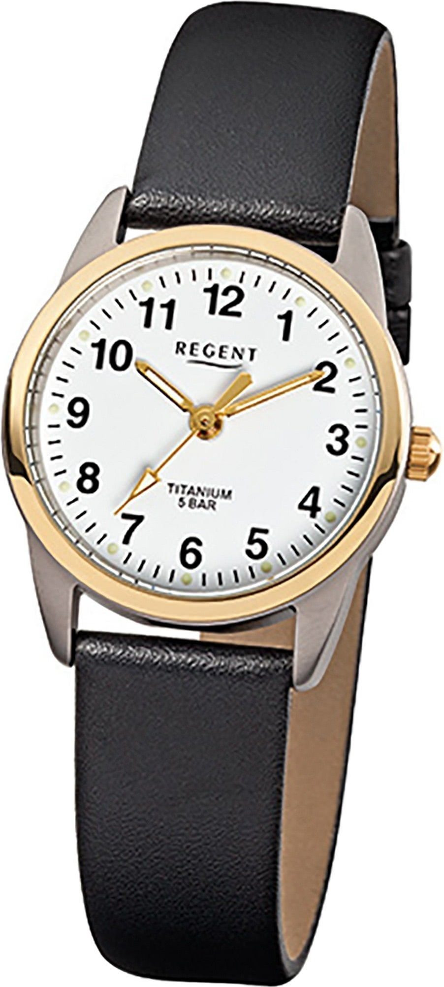 Regent Quarzuhr Regent Leder Damen Uhr F-661 Quarzuhr, Damenuhr Lederarmband schwarz, rundes Gehäuse, klein (ca. 26mm)