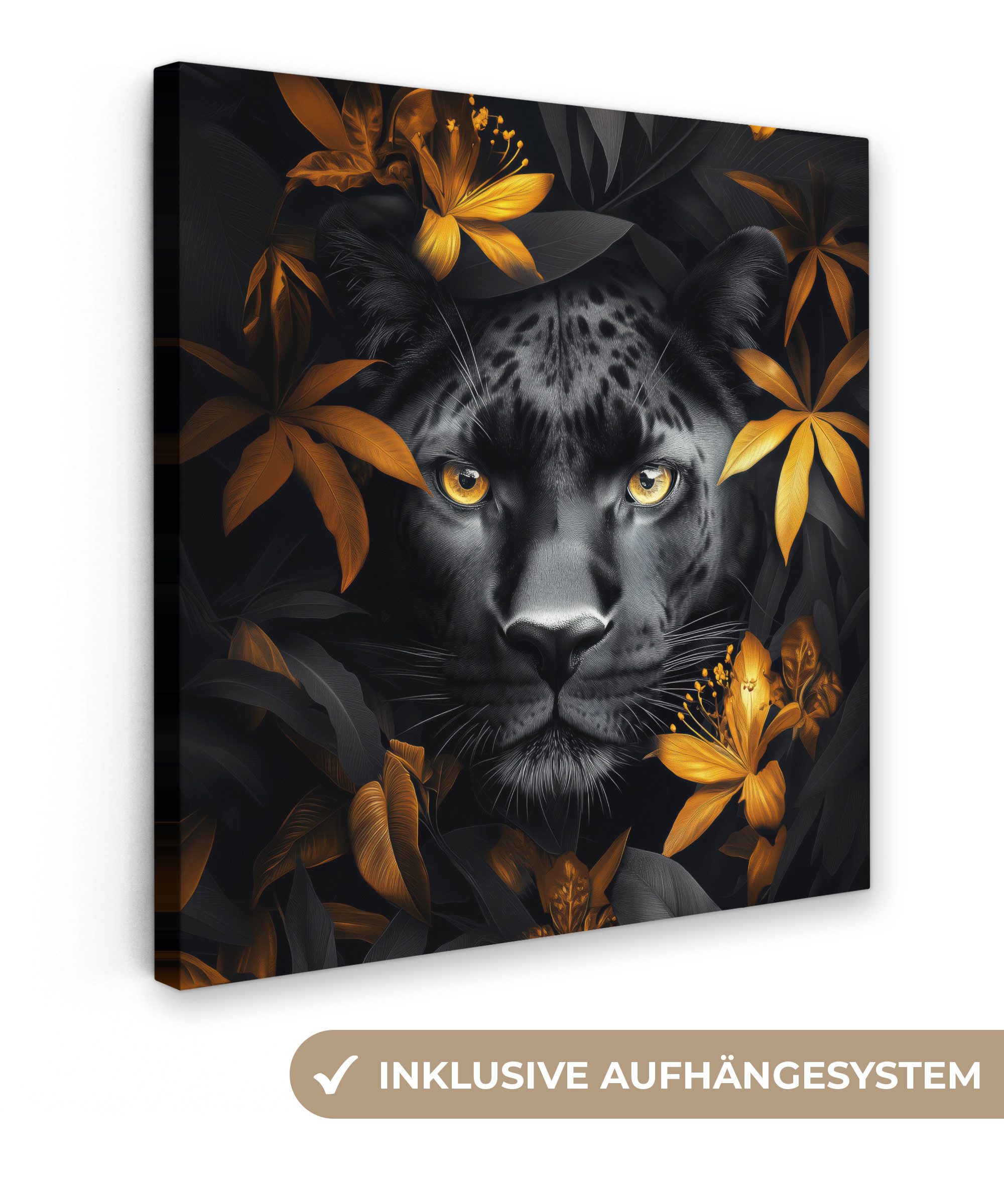 OneMillionCanvasses® Leinwandbild Schwarzer Panther - Blumen - Gold - Natur günstig online kaufen
