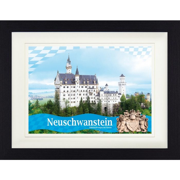 1art1 Bild mit Rahmen Schloß Neuschwanstein - Königliches Wappen Und Bayerische Fahne