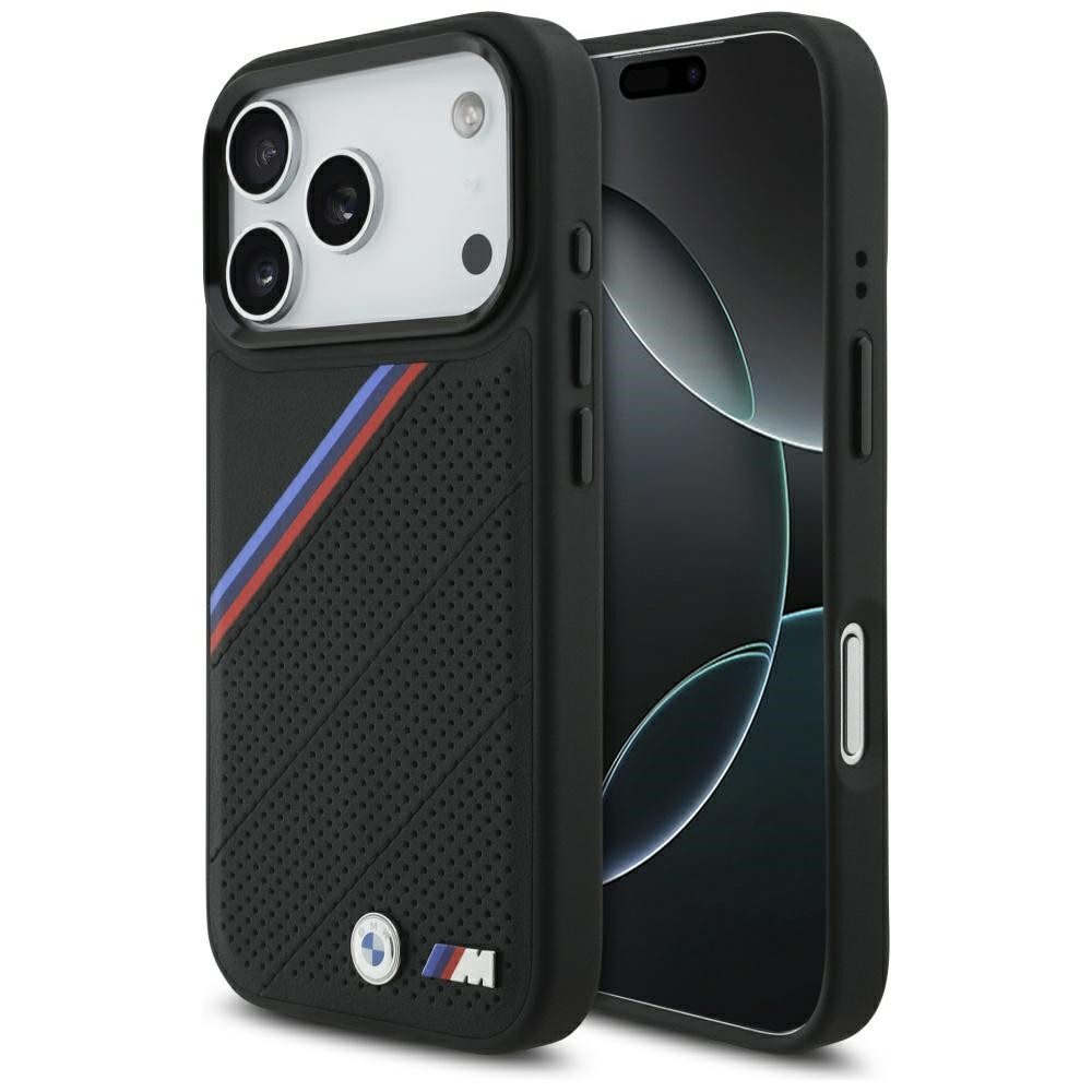 BMW Handyhülle Case iPhone 17 Pro MagSafe Kunstleder schwarz Tricolor Logo Metall 6,3 Zoll, Kantenschutz