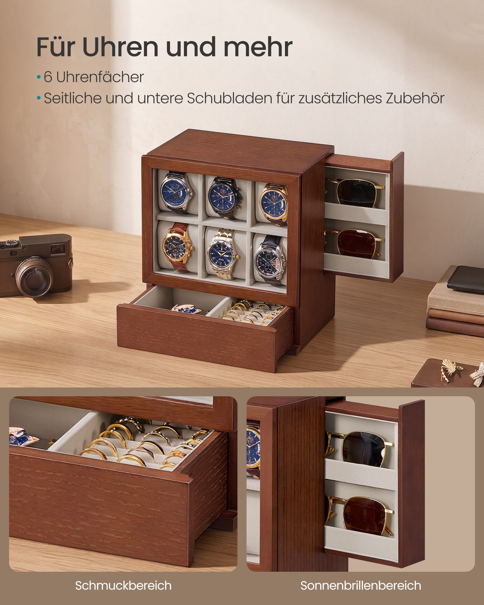 SONGMICS Uhrenbox, Uhrenbox 6 Fächer, Uhrenkasten, vertikale Aufbewahrung, Geschenkidee