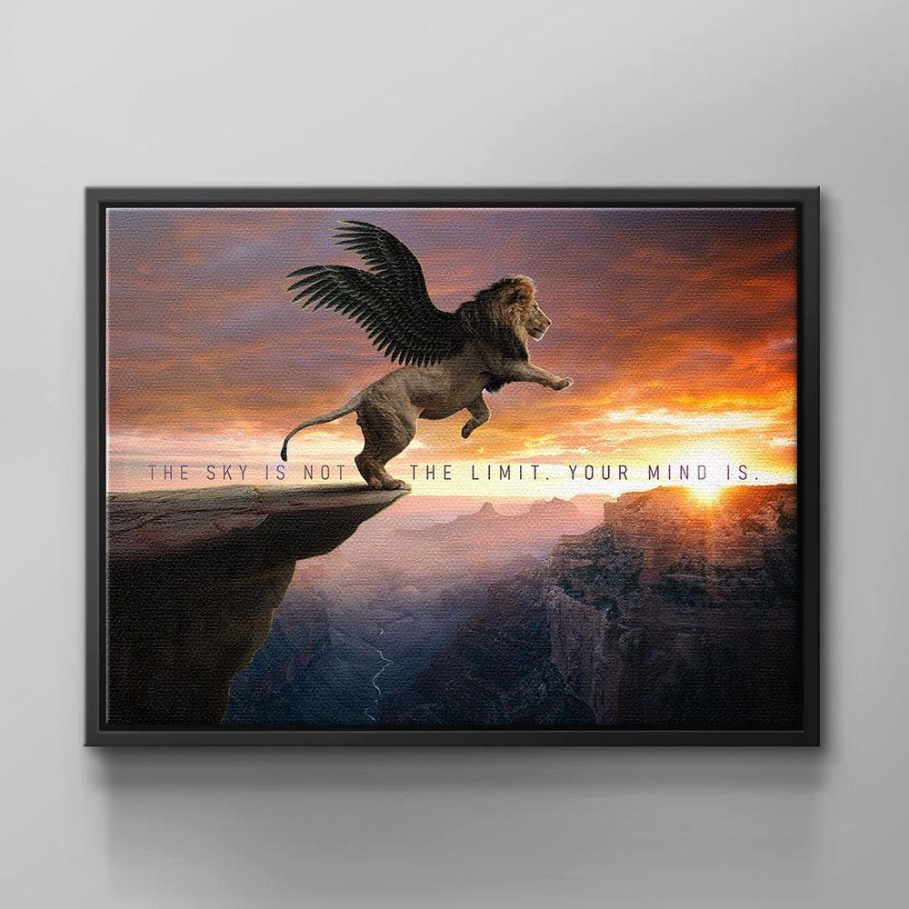DOTCOMCANVAS® Leinwandbild, Wandbild motivierend zitat himmel denkweise fliegender löwe flügel b weißer Rahmen