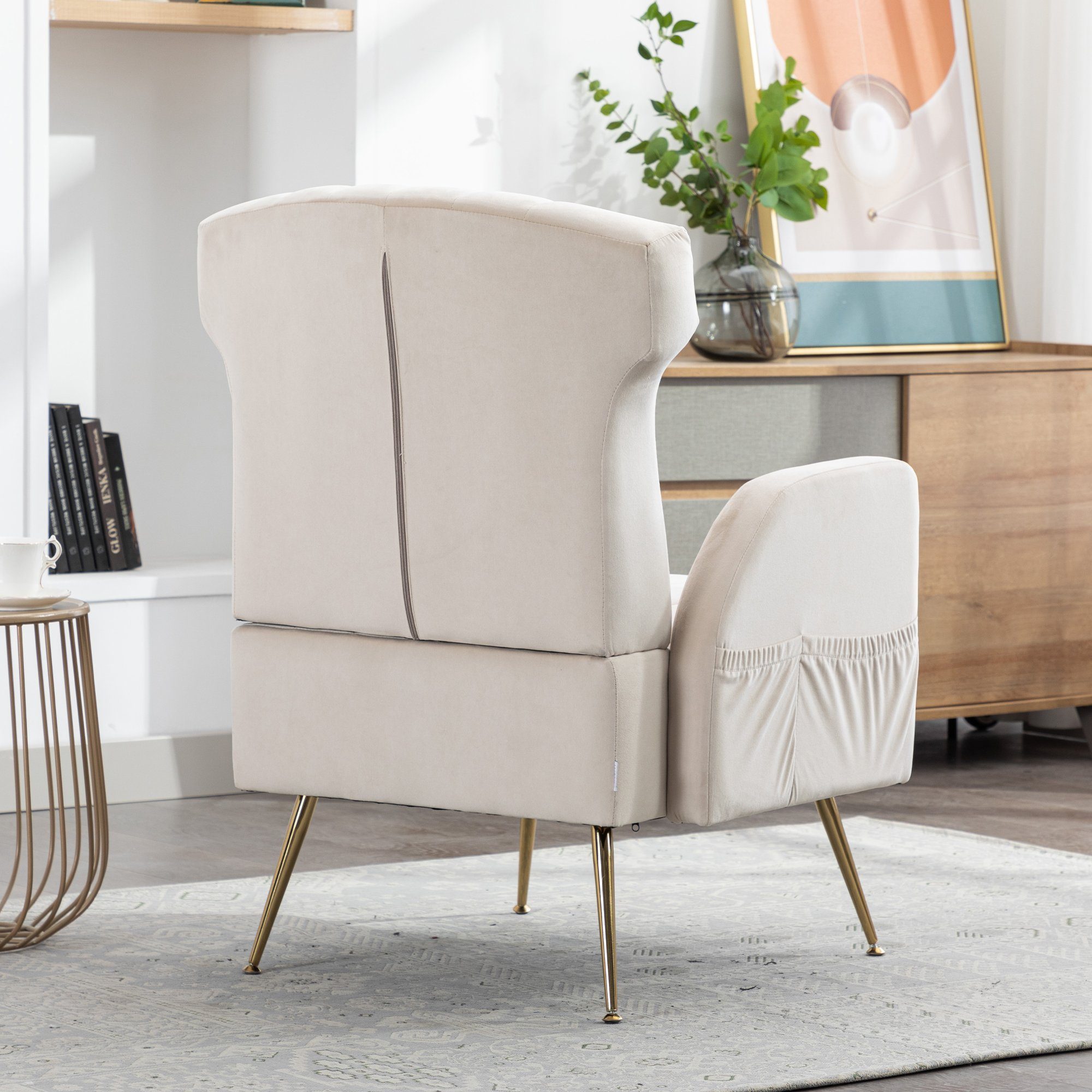 Einzelstuhl Füßen Sessel Beige Akzentstuhl, Celya Wohnzimmer Freizeit mit Schlafzimmer goldenen Samtstuhl,