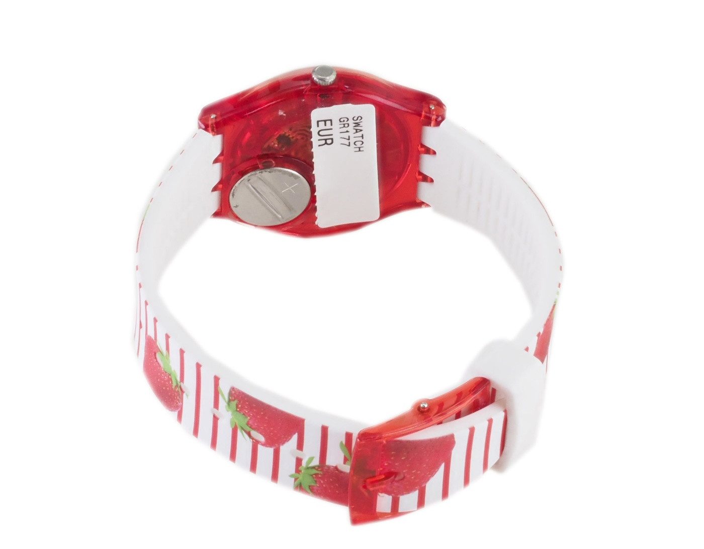 Swatch Quarzuhr Swatch Damen Quarz Uhr GR177 TOILE FRAISEE X42, (Schwarz), Erdbeeren