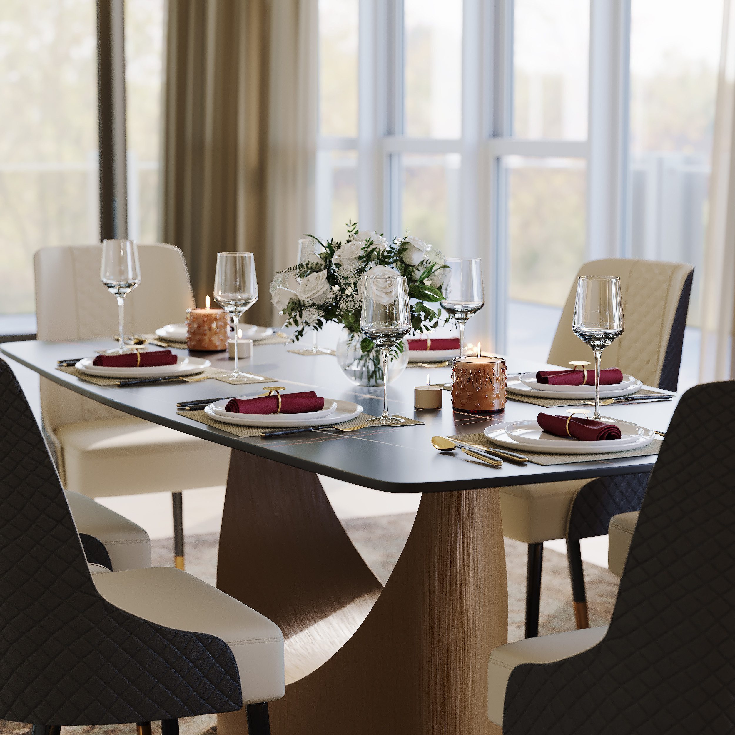 POVISON Esstisch mit U-Form Beine, Esszimmertisch aus Sinterstein, rechteckig (1-St., ohne Stühle), Moderne Esstisch für 8-10 Personen
